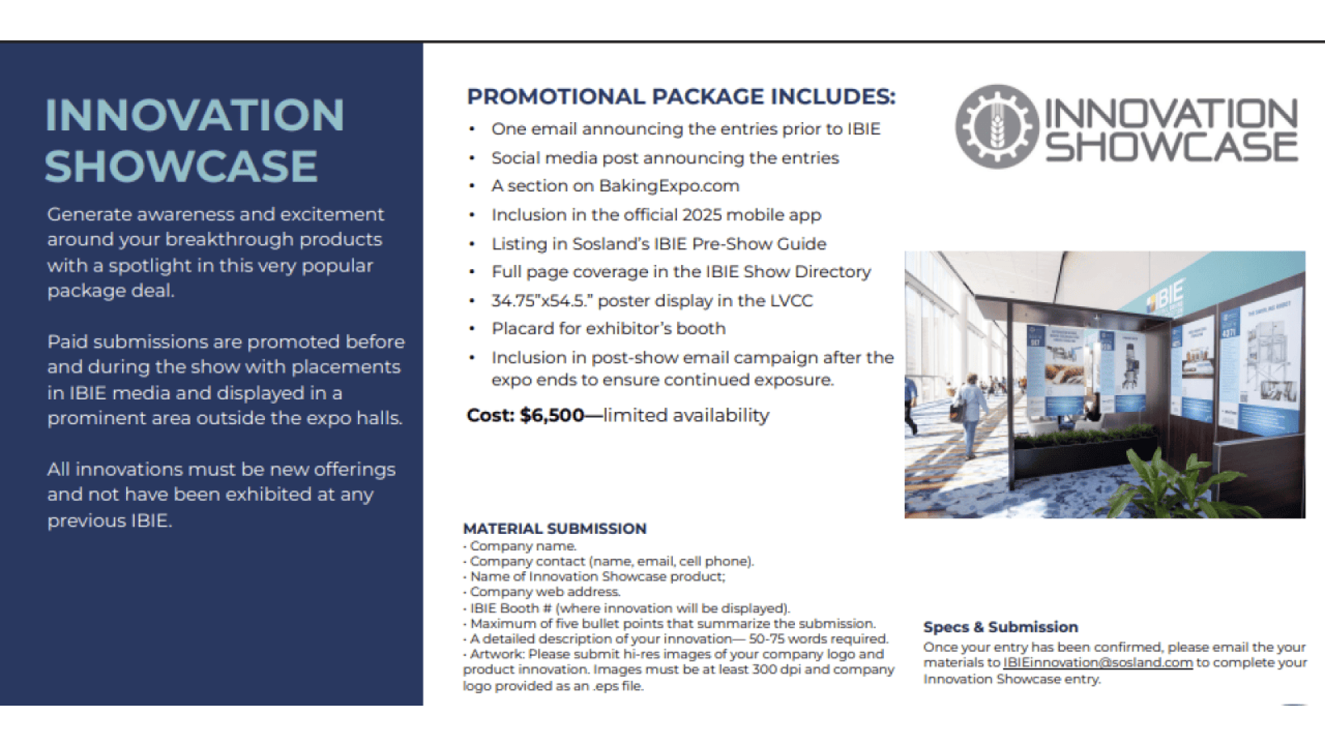 Werbeflyer für das Innovation-Showcase-Paket auf der IBIE, mit detaillierten Angaben zu Funktionen wie Posts in sozialen Medien, Verzeichniseinträge und Veranstaltungswerbung für 6.500 $. Enthält die Anforderungen für die Einreichung von Materialien und eine gebrandete Kopfzeile.