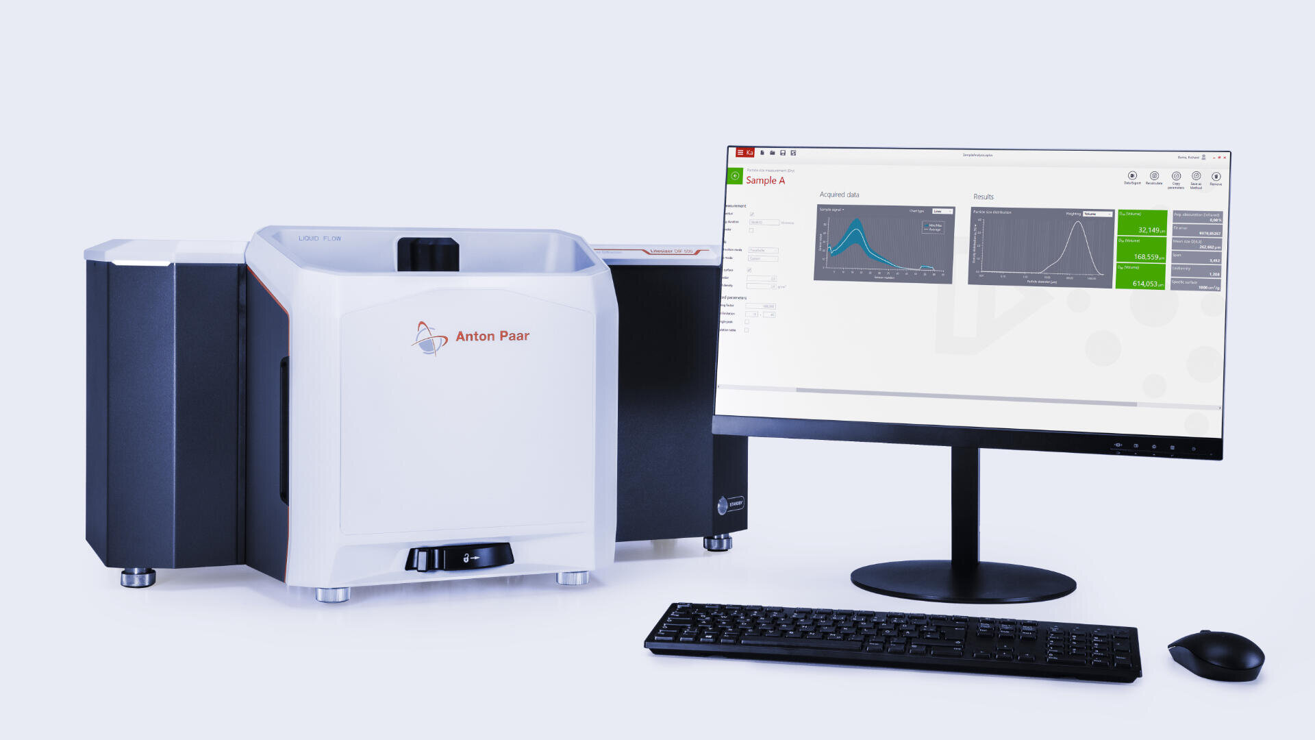 A laboratory particle analyzer by Anton Paar is connected to a computer monitor displaying analysis software. A keyboard and a mouse are placed in front of the monitor on a white surface.