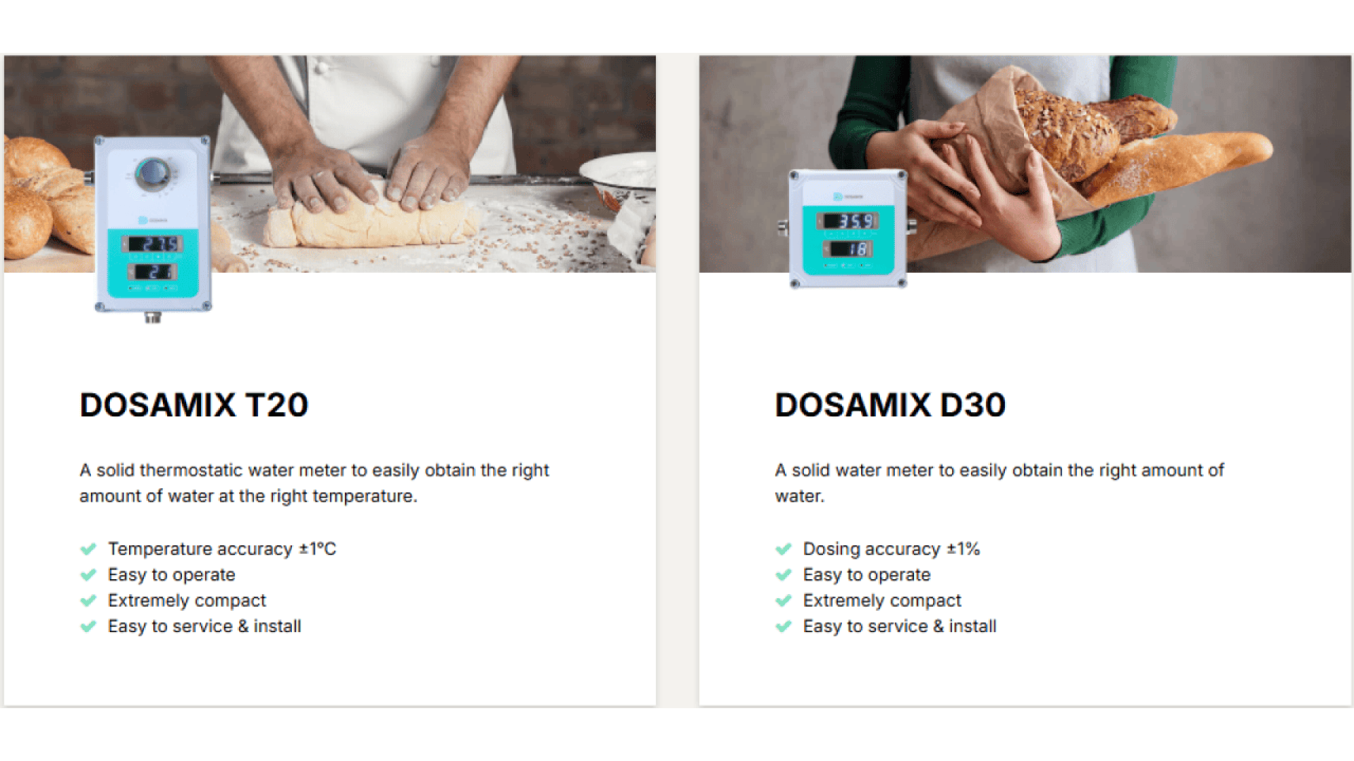 Zwei Produktanzeigen für DOSAMIX-Wasserzähler. Links: Modell T20 und eine Person, die Teig knetet. Rechts: Modell D30 und eine Person mit Brot in der Hand. Jedes Produkt nennt Merkmale wie Genauigkeit, einfache Bedienung, kompaktes Design und einfache Installation.