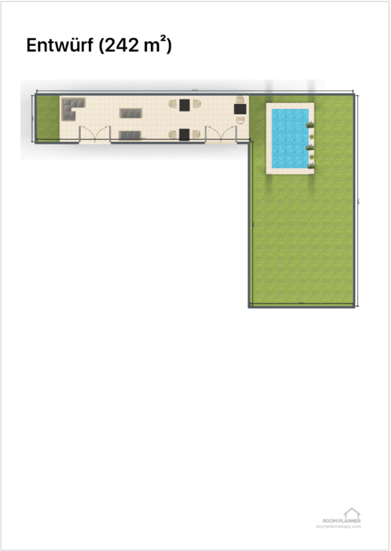 L-shaped floor plan labeled Entwurf (242 m²) with rooms along the top left and a large grassy area to the right, featuring a rectangular pool.