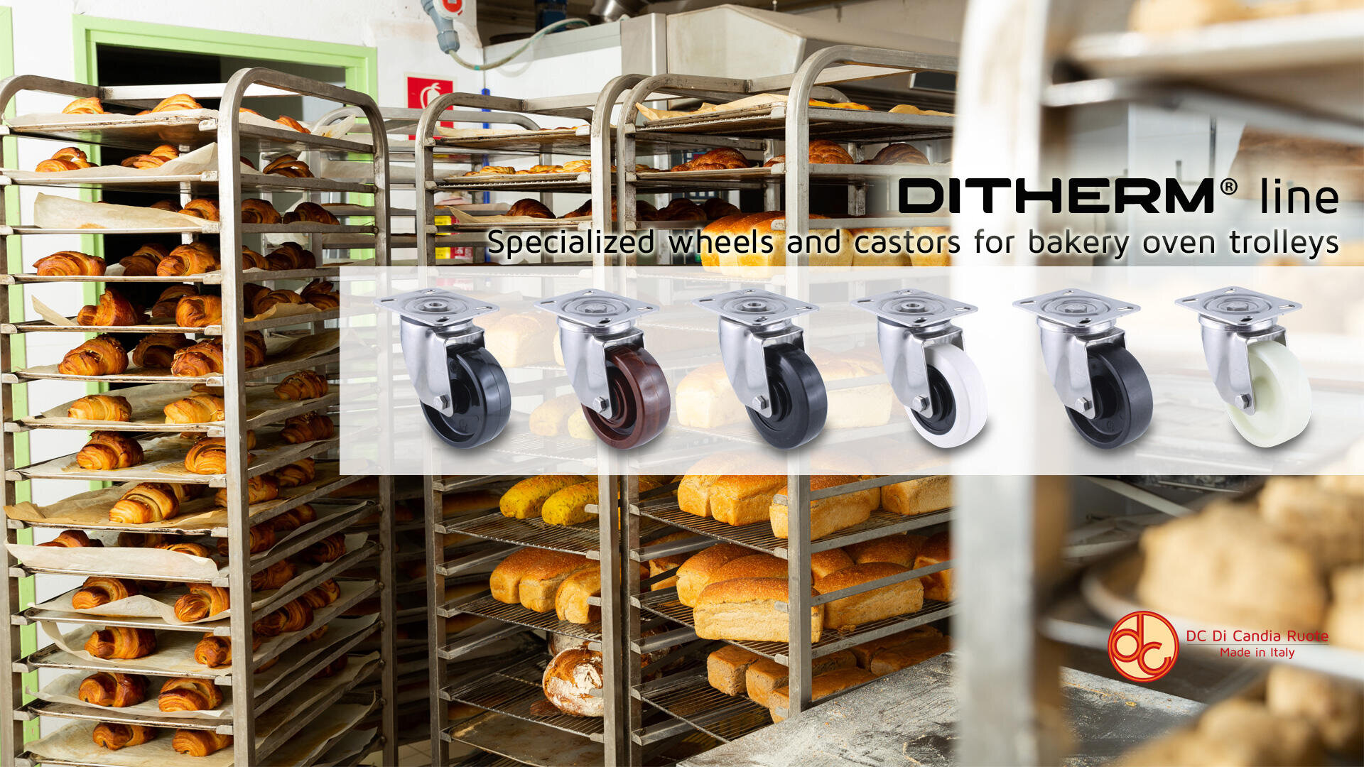 Bakery with racks of bread and pastries; in front, five types of metal caster wheels for oven trolleys are displayed, with the text DITHERM line: Specialized wheels and castors for bakery oven trolleys.