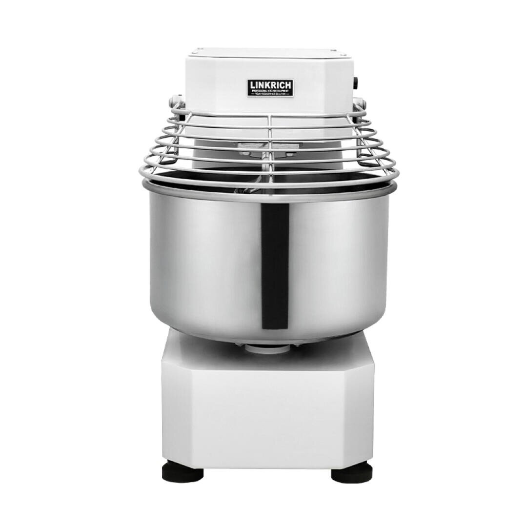 A commercial dough mixer with a stainless steel bowl, protective wire guard, and a white base, branded with the LINKRICH logo on the top front panel.
