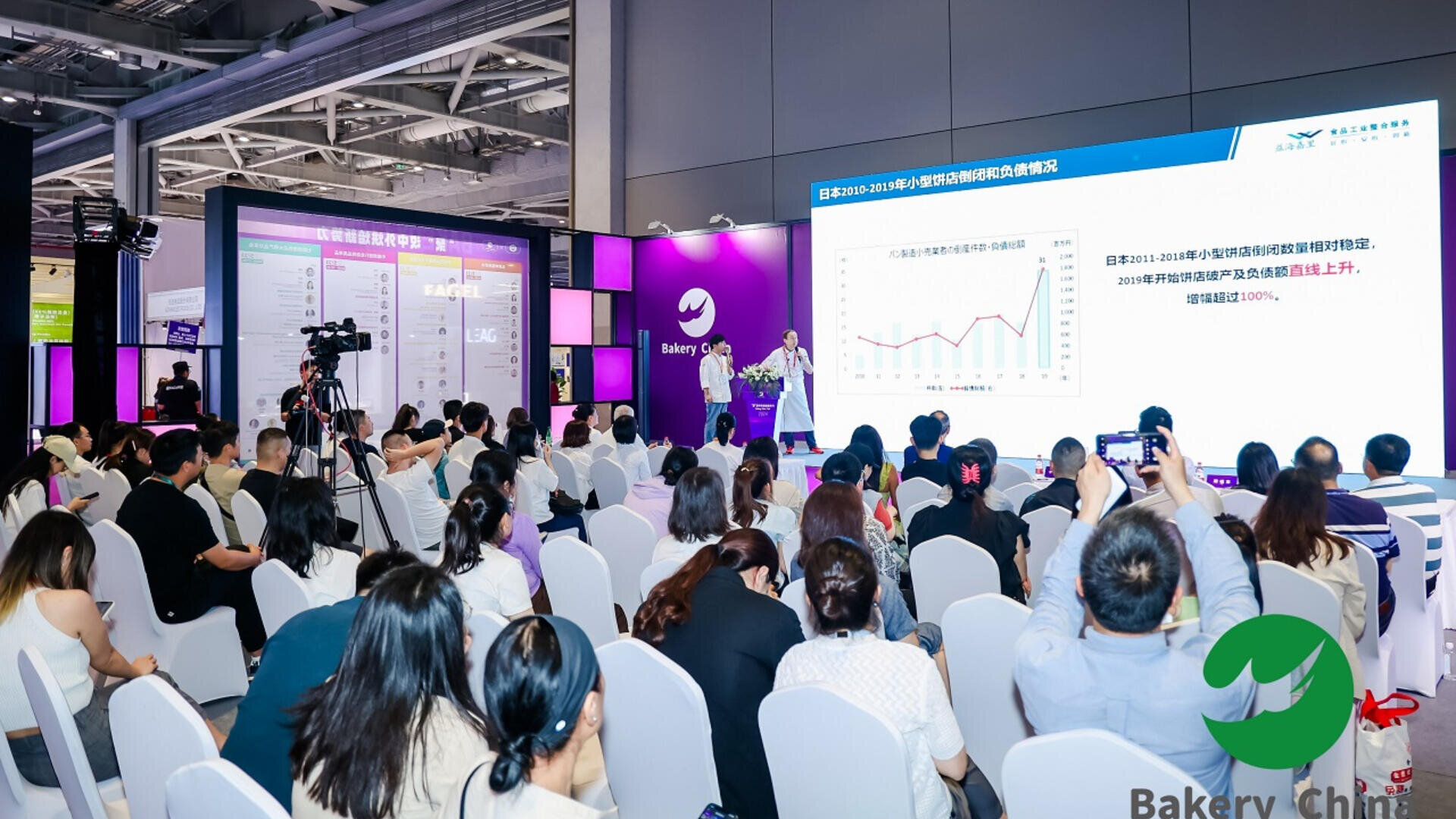 A large audience attends a presentation at the Bakery China event. A speaker stands by a podium, showing slides with charts and Chinese text on a big screen. People sit facing the stage in a well-lit convention hall.