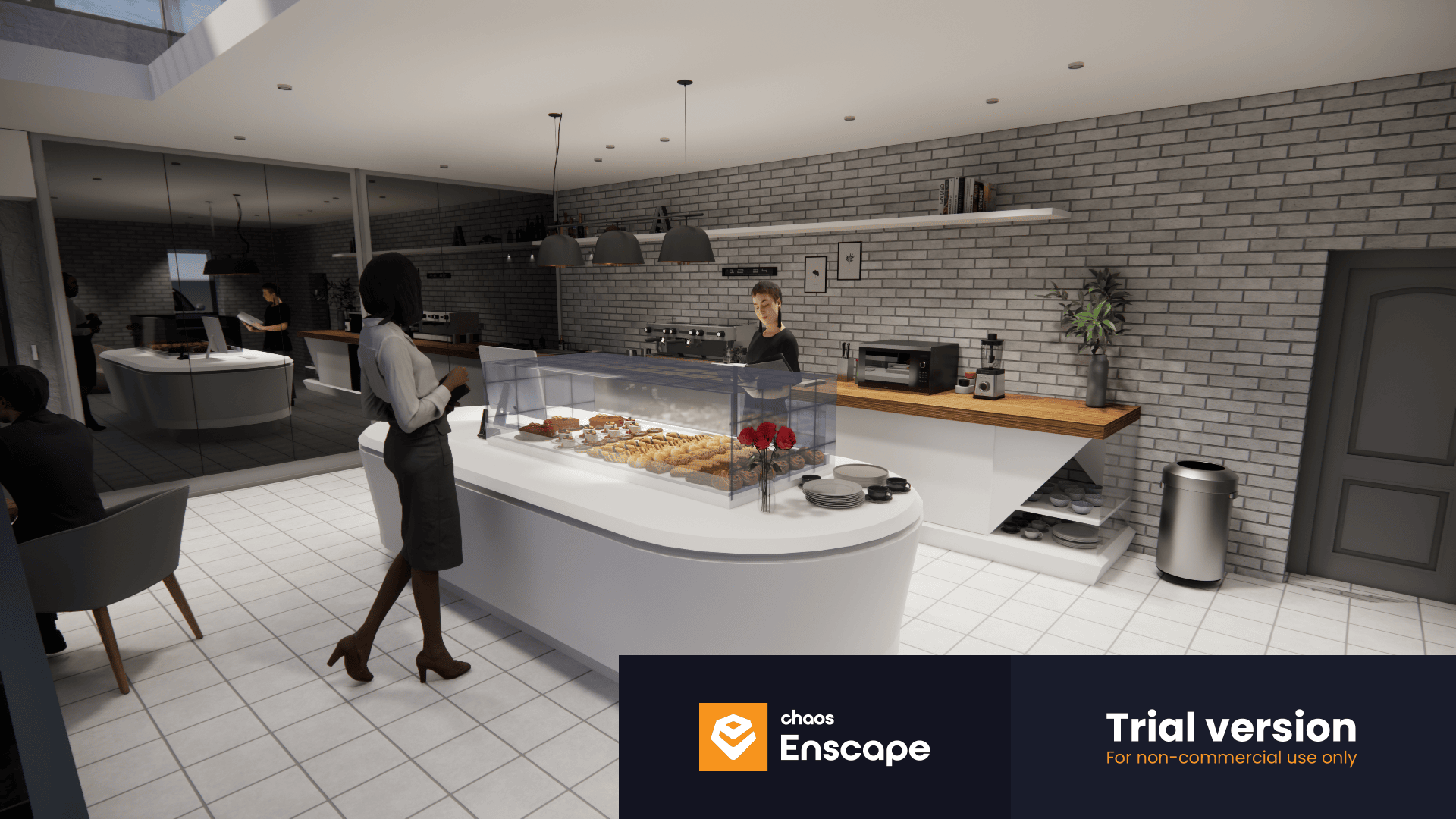 Eine moderne Bäckerei mit grauen Backsteinwänden und weißem Fliesenboden. Eine geschwungene Theke mit Gebäck ist ein Blickfang. Zwei Frauen stehen an der Theke, eine weitere sitzt an einem Tisch in der Ecke. Das Wasserzeichen der Testversion ist sichtbar.