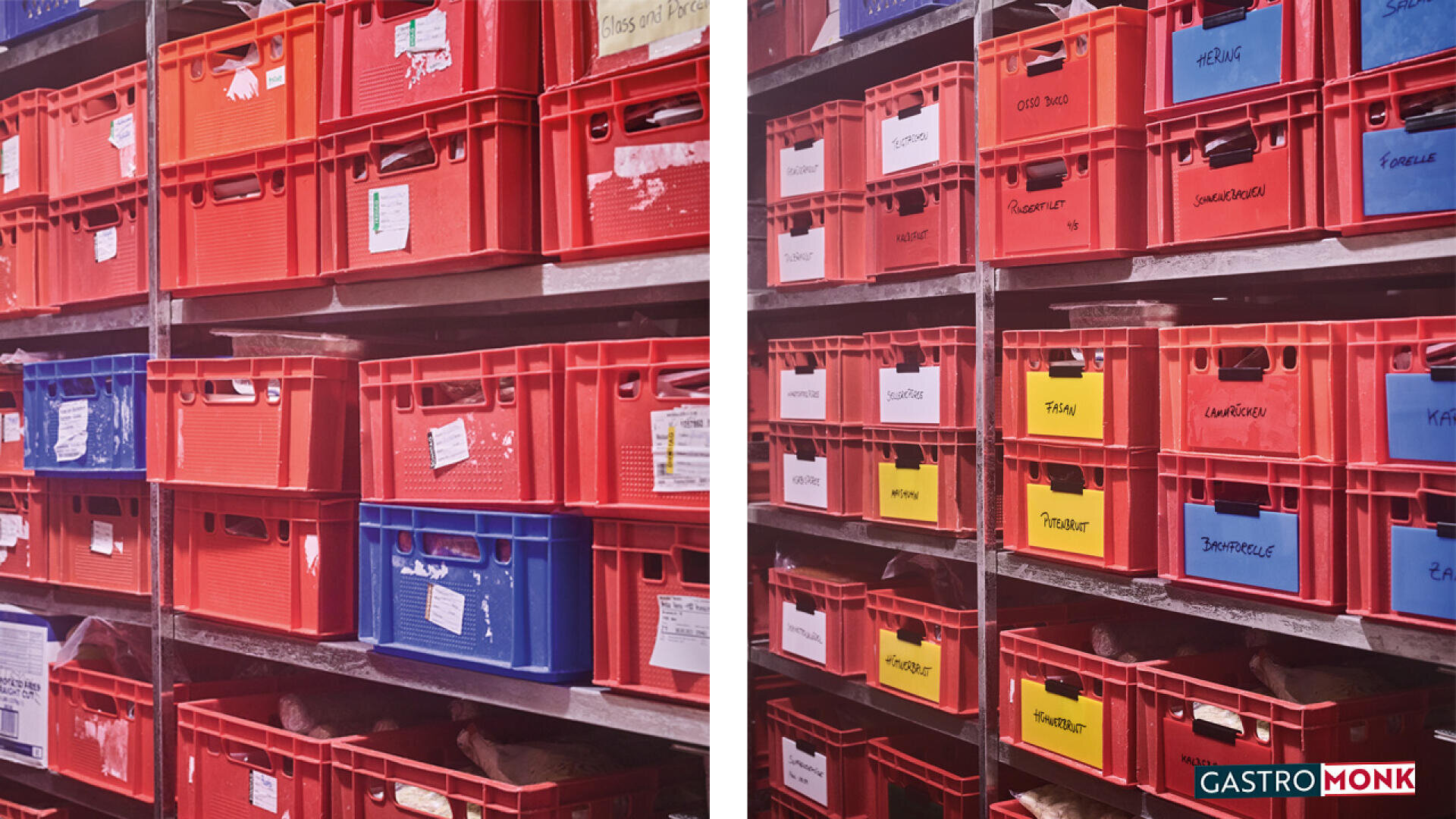 Two shelves filled with red plastic crates, some labeled with handwritten tags. The section on the left appears less organized, while the section on the right is more neatly arranged and labeled. “Gastro Monk” logo is in the bottom right corner.