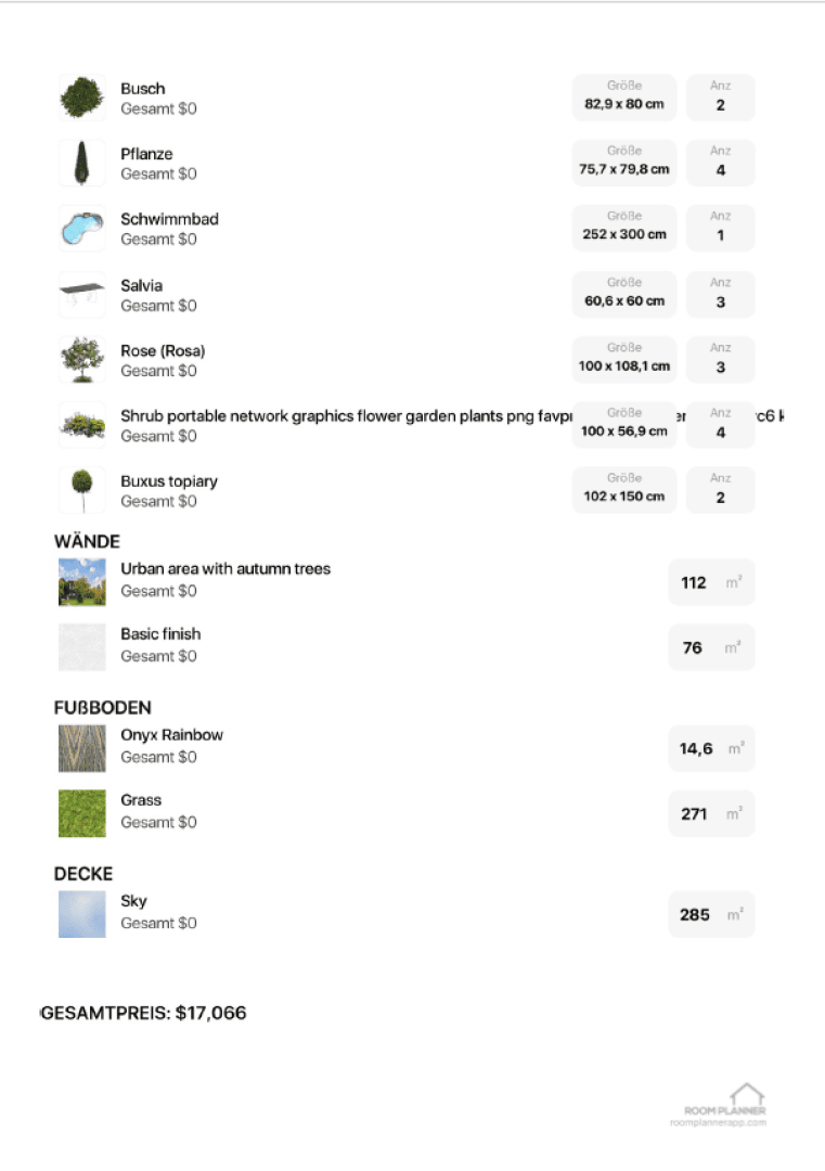 A list of landscaping items with images, sizes, and quantities, including trees, plants, a pool, flower pots, and grass. Areas for walls, floors, and ceiling are shown, along with a total price of $17,066 at the bottom.