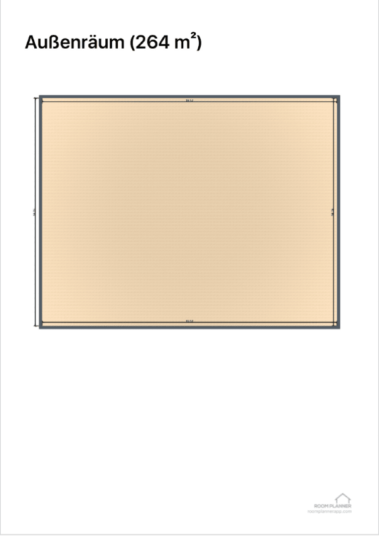 Diagram of a rectangular outdoor area labeled Außenräum (264 m²) with dimensions marked along the edges; a small logo appears in the bottom right corner.