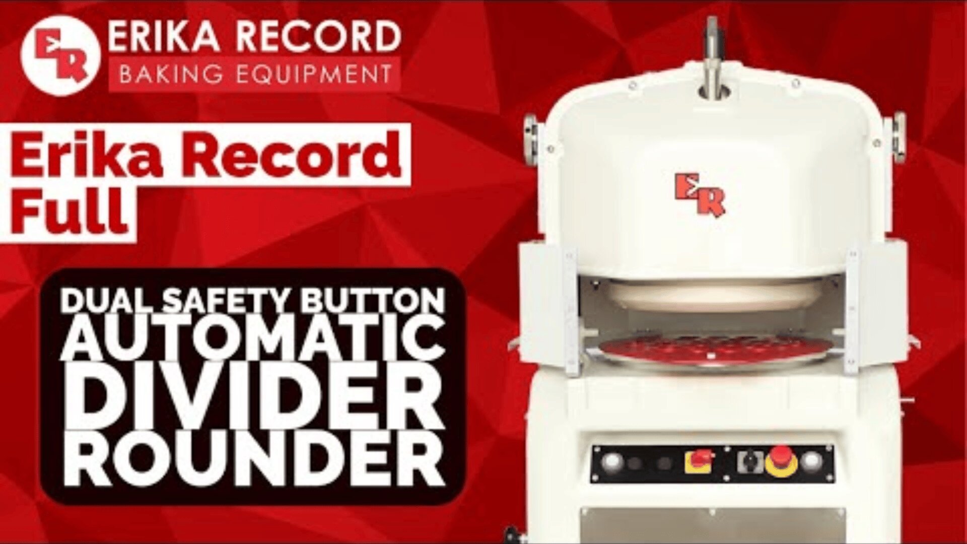 Abgebildet ist ein weißer Erika-Record-Automat auf rotem, geometrischem Hintergrund mit dem Text "ERIKA RECORD BAKING EQUIPMENT", "Erika Record Full" und "Dual Safety Button Automatic Divider Rounder".