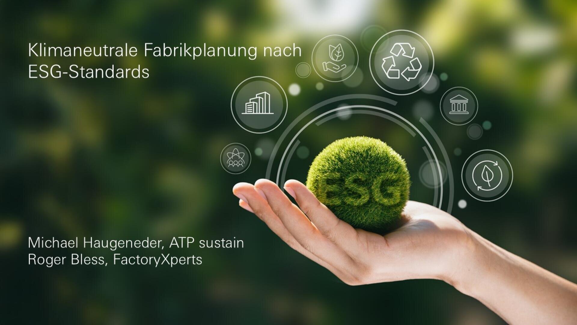 A hand holds a green moss ball with ESG on it. Circular ESG-related icons float above, with nature blurred in the background. Text reads: “Klimaneutrale Fabrikplanung nach ESG-Standards and lists two names below.