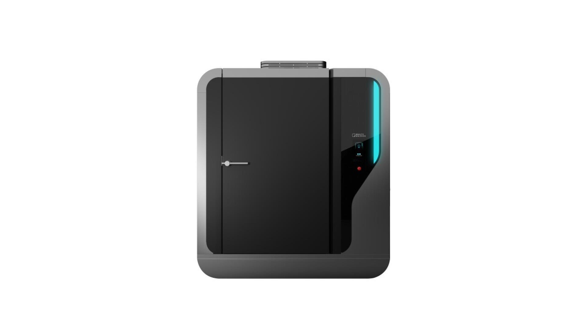 A modern, black, rectangular electronic appliance with a side handle, a digital display, and a vertical blue light strip on the right side, set against a plain white background.