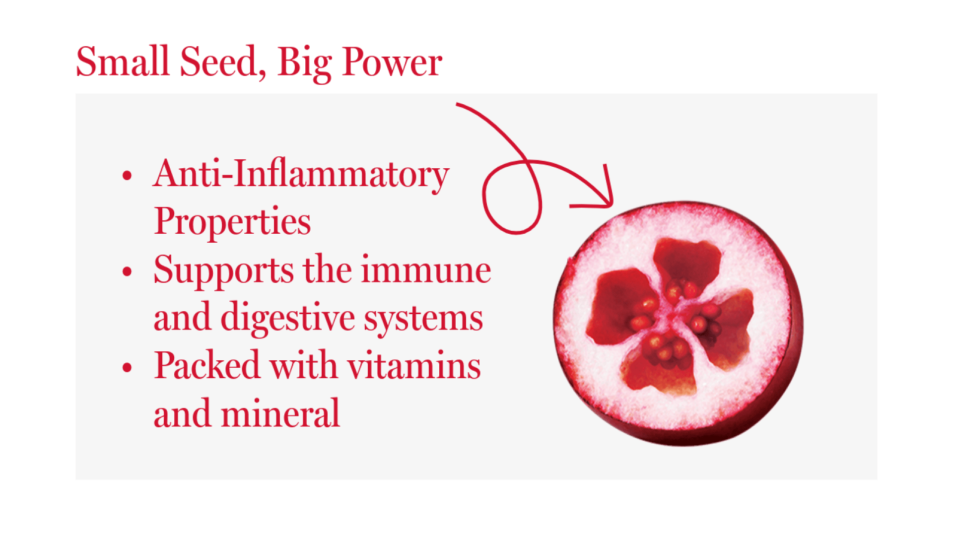 Neben einem aufgeschnittenen Granatapfel ist ein Text mit den positiven Eigenschaften des Granatapfels zu sehen: entzündungshemmende Wirkung, Unterstützung des Immunsystems und der Verdauung sowie Vitamine und Mineralstoffe. Ein roter Pfeil zeigt vom Text auf die Fruchtscheibe.