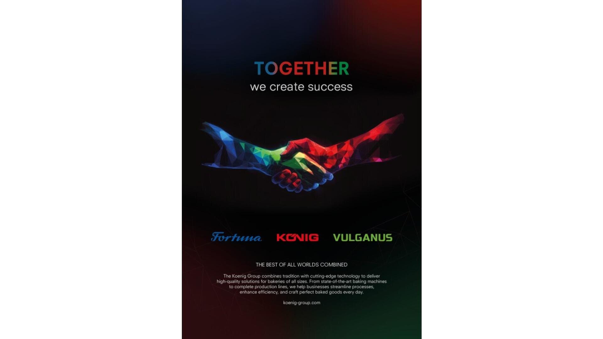 A colorful, geometric illustration of two hands shaking appears on a black background with the words TOGETHER we create success above. Logos for Fortuna, Konig, and Vulganus are below, with a brief description of their collaboration.