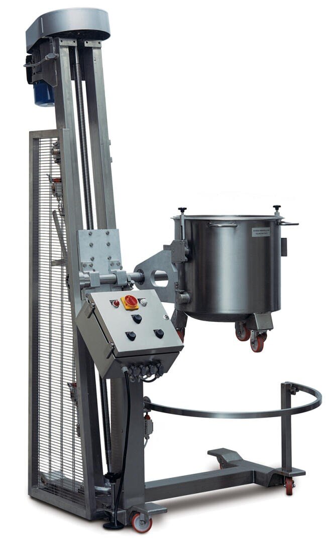 A stainless steel industrial machine with control panel, vertical lifting arm, and a large cylindrical mixing bowl on wheels, designed for food processing or mixing tasks.