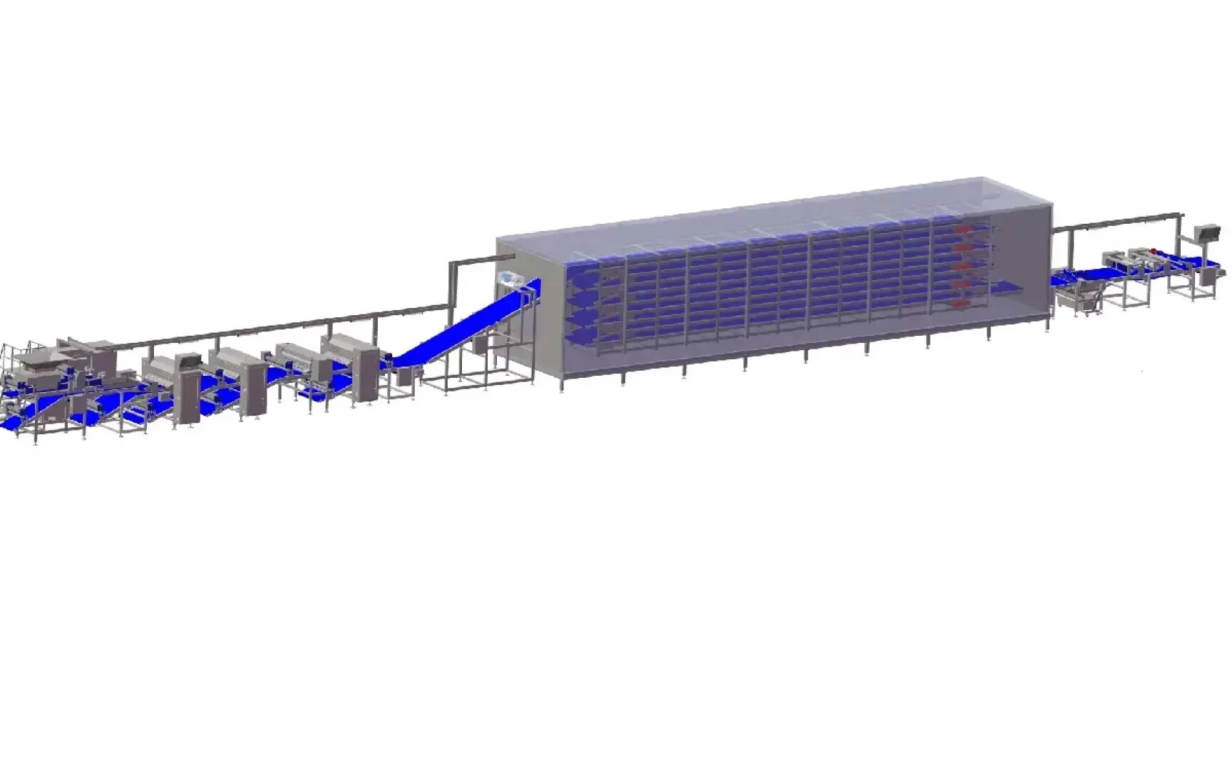 A digital rendering of an industrial food processing line with multiple conveyor belts and a large enclosed unit, likely used for automated sorting or packaging of products. The machinery features blue and metallic components.