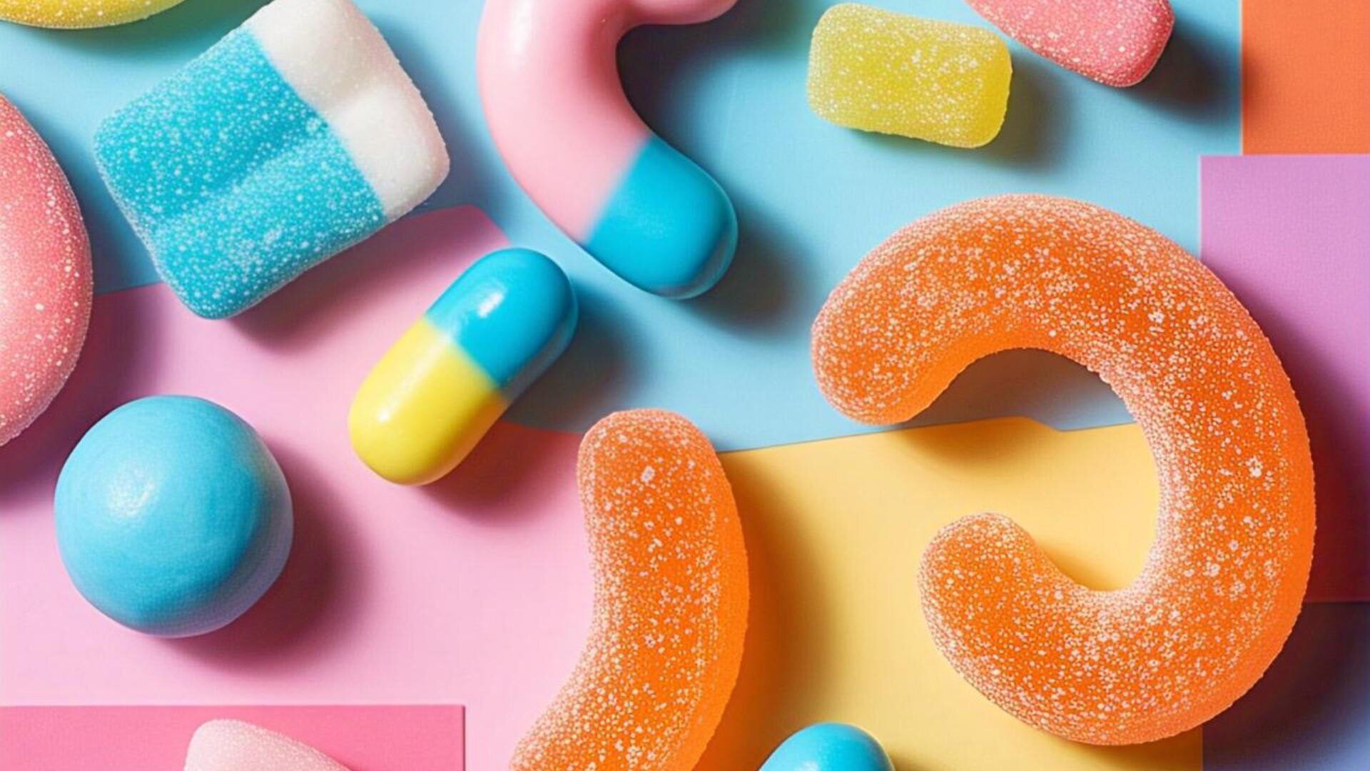 An assortment of colorful gummy candies in various shapes and sizes, including curved, cylindrical, and capsule forms, scattered on a pastel-colored geometric background.