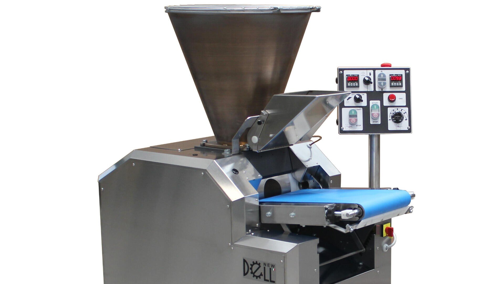 A stainless steel industrial food processing machine with a large hopper, control panel, and a blue conveyor belt. The control panel features various buttons, dials, and digital displays.