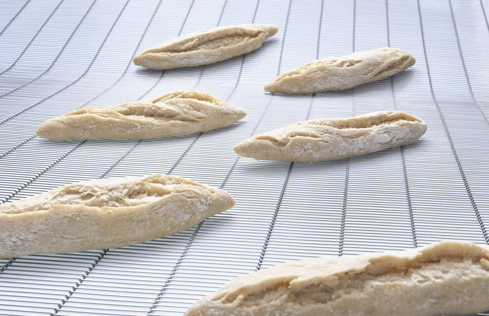 Several pieces of raw, unbaked baguette dough rest on a metal conveyor rack, ready for baking in an industrial bakery setting.
