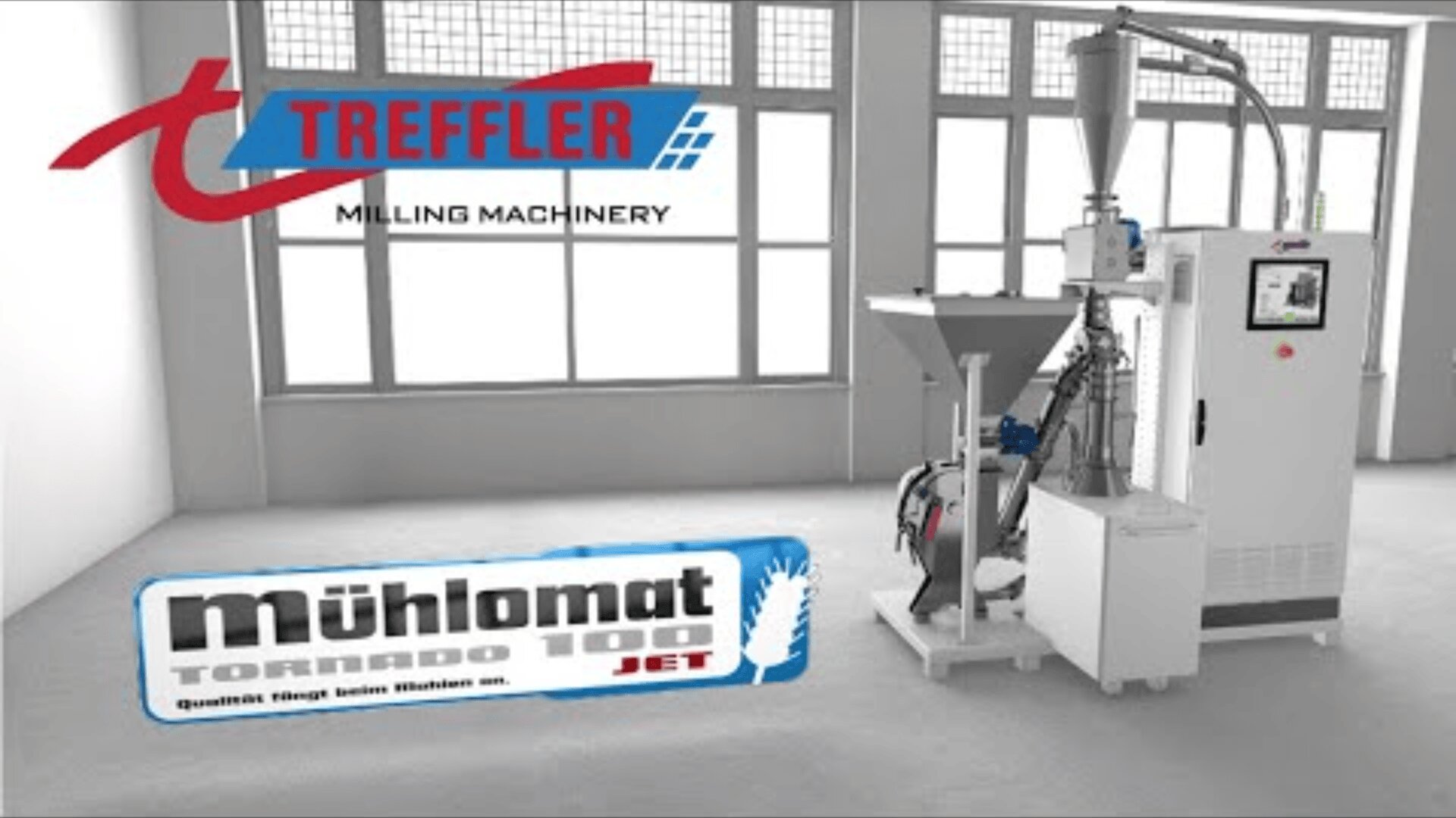 Industrial milling machine in a bright room with large windows. Logos for Treffler Milling Machinery and Mühlomat Tornado 1000 Jet are visible in the foreground and upper left corner.