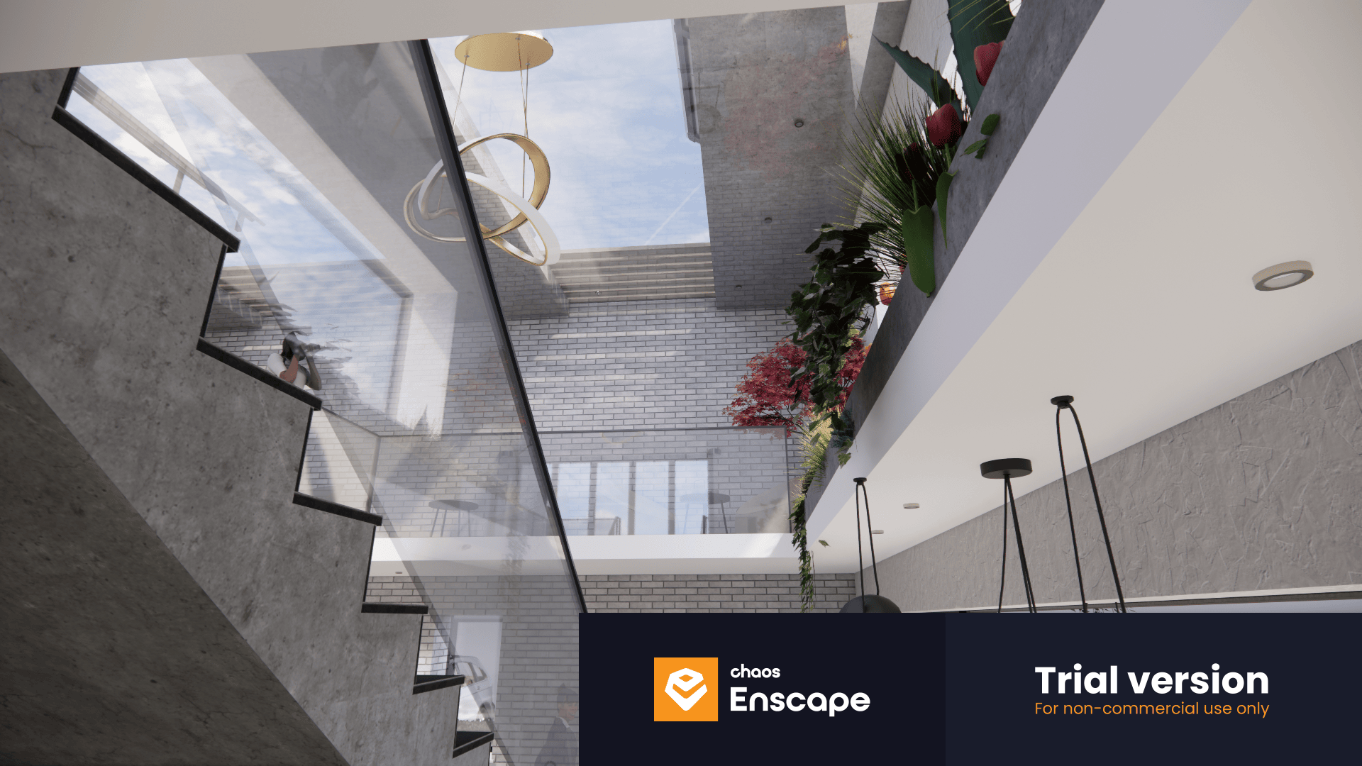 Moderne Innenansicht eines Gebäudes mit Betontreppen, Glasgeländern, Hängelampen, Grünpflanzen und großen Fenstern, die natürliches Licht hereinlassen. Das Wasserzeichen der Testversion von Enscape ist unten sichtbar.