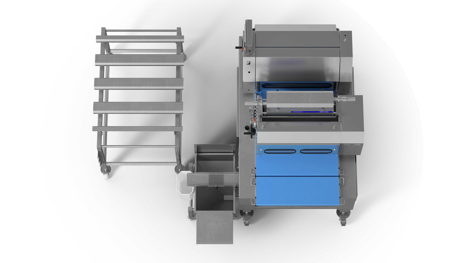 Top-down view of industrial food processing equipment with a blue conveyor, stainless steel parts, and adjacent metal rack, all on a white background.