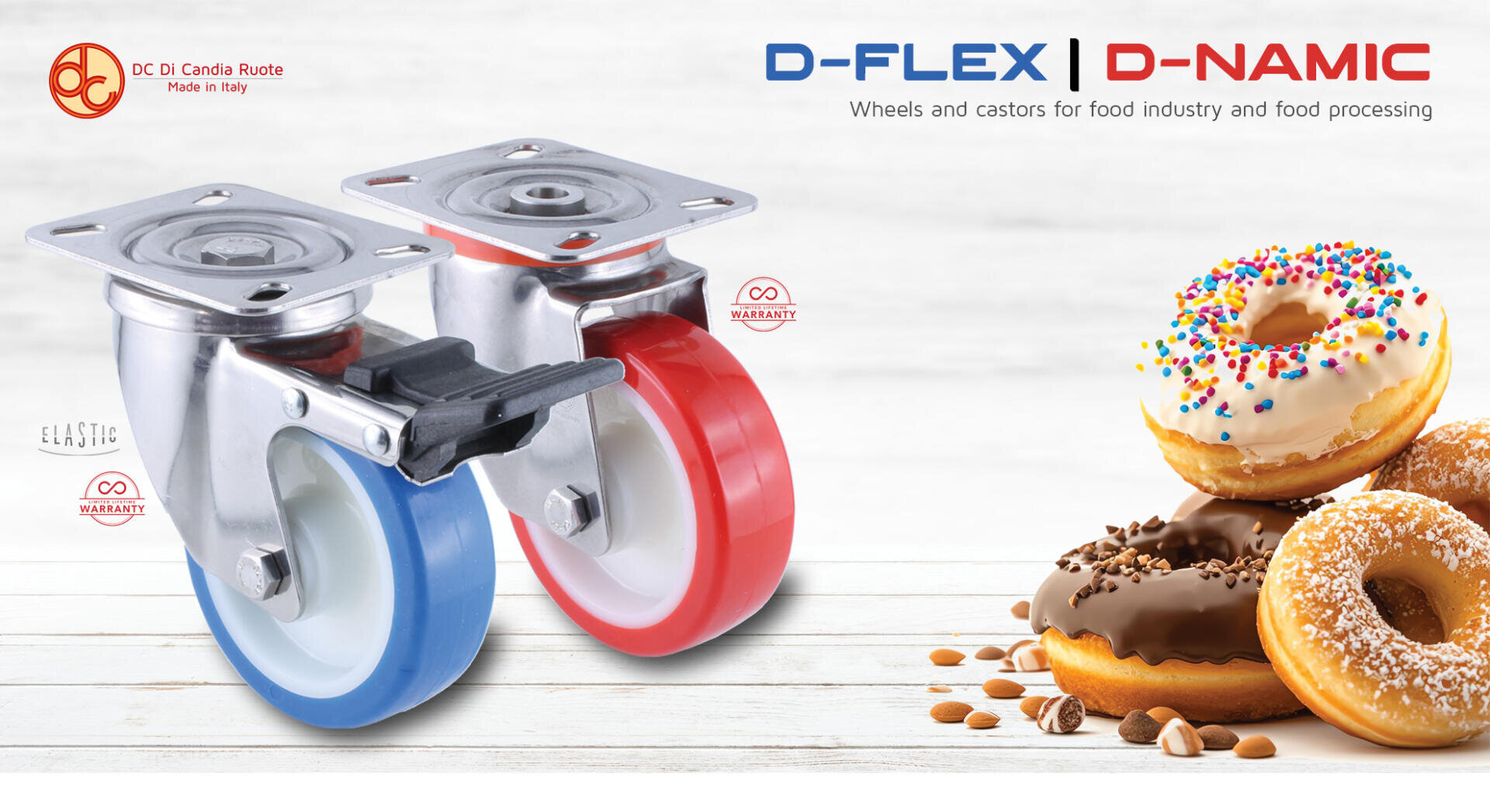 Two industrial caster wheels, one with a blue rim and one with a red rim, are shown next to three colorful donuts with sprinkles and chocolate on a white background. Branding and product information appear at the top.