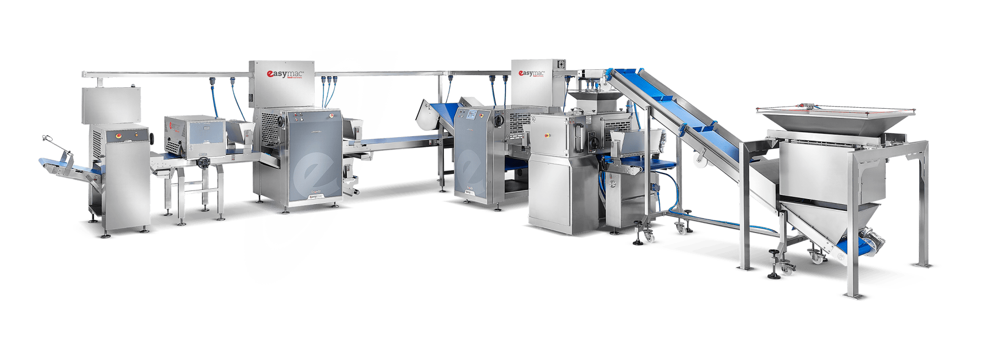 A stainless steel commercial food processing production line, including conveyors, hoppers, and various automated machines, arranged in a row on a white background.