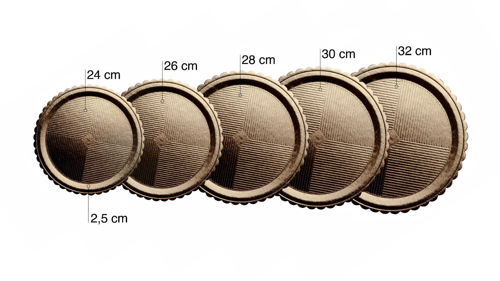 Five round, nestling pizza pans of varying diameters—24 cm, 26 cm, 28 cm, 30 cm, and 32 cm—are shown from left to right, each pan labeled with its size and a height of 2.5 cm.