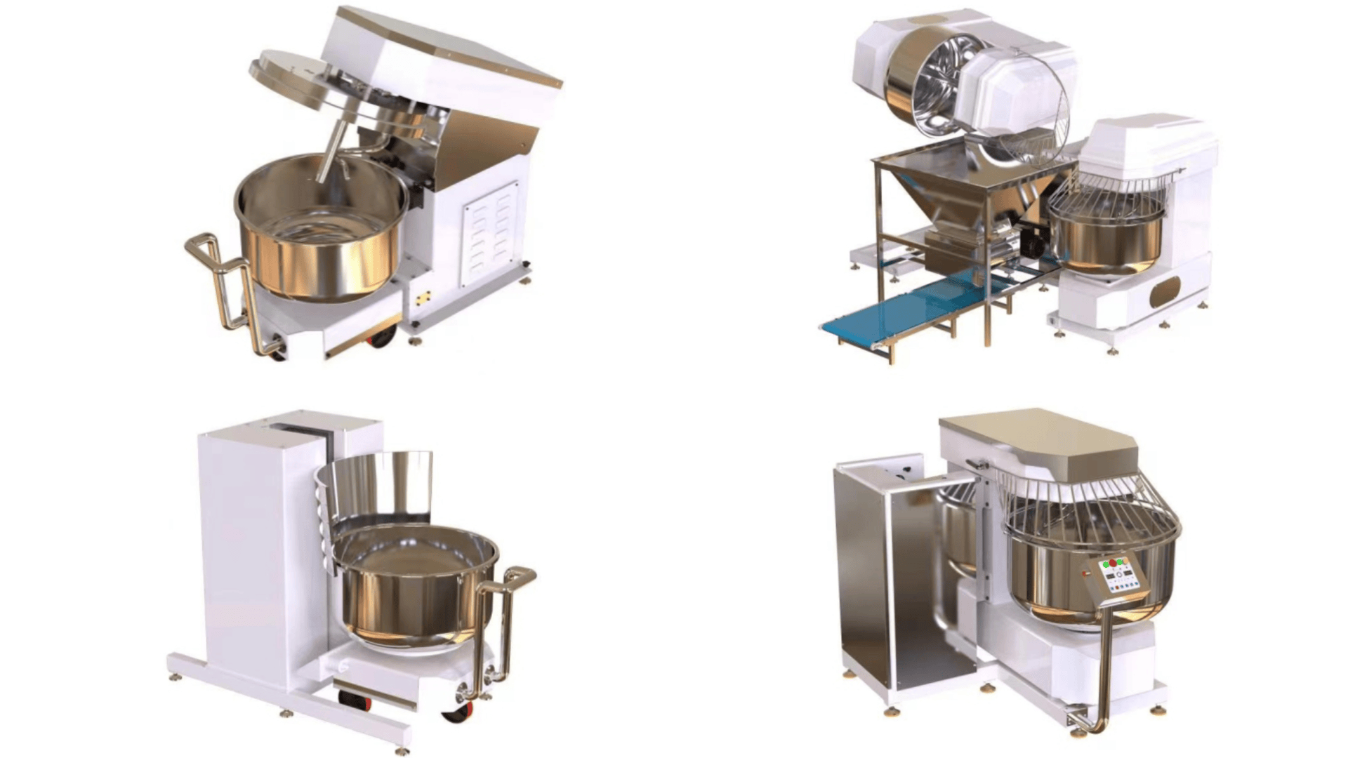 Four industrial dough mixers are shown in separate sections of the image. Each mixer has a large metal bowl and mechanical mixing components, designed for commercial food production. The machines are white with stainless steel parts.