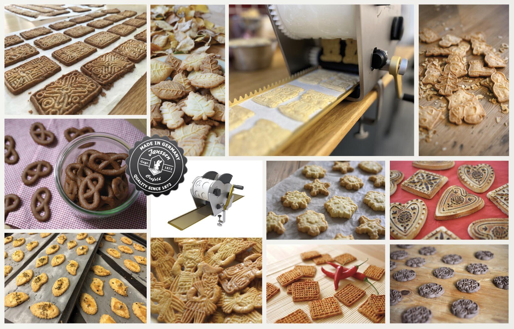 Eine Collage aus verschiedenen kunstvoll gemusterten Keksen, einige in Herz- und Blumenform, die zubereitet, gebacken und ausgestellt werden. In der Mitte sind außerdem ein Keksstempel und eine Pressmaschine zu sehen.