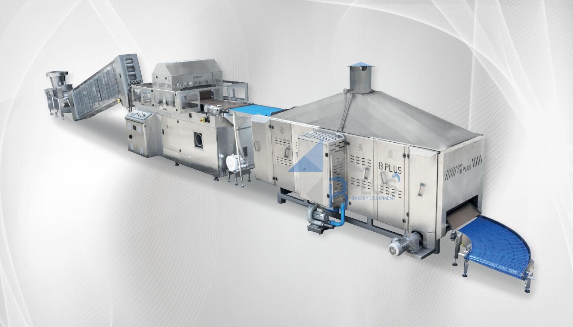 A large industrial food processing machine made of stainless steel with multiple connected sections, including conveyor belts and ventilation units, set against a white background with subtle graphic patterns.
