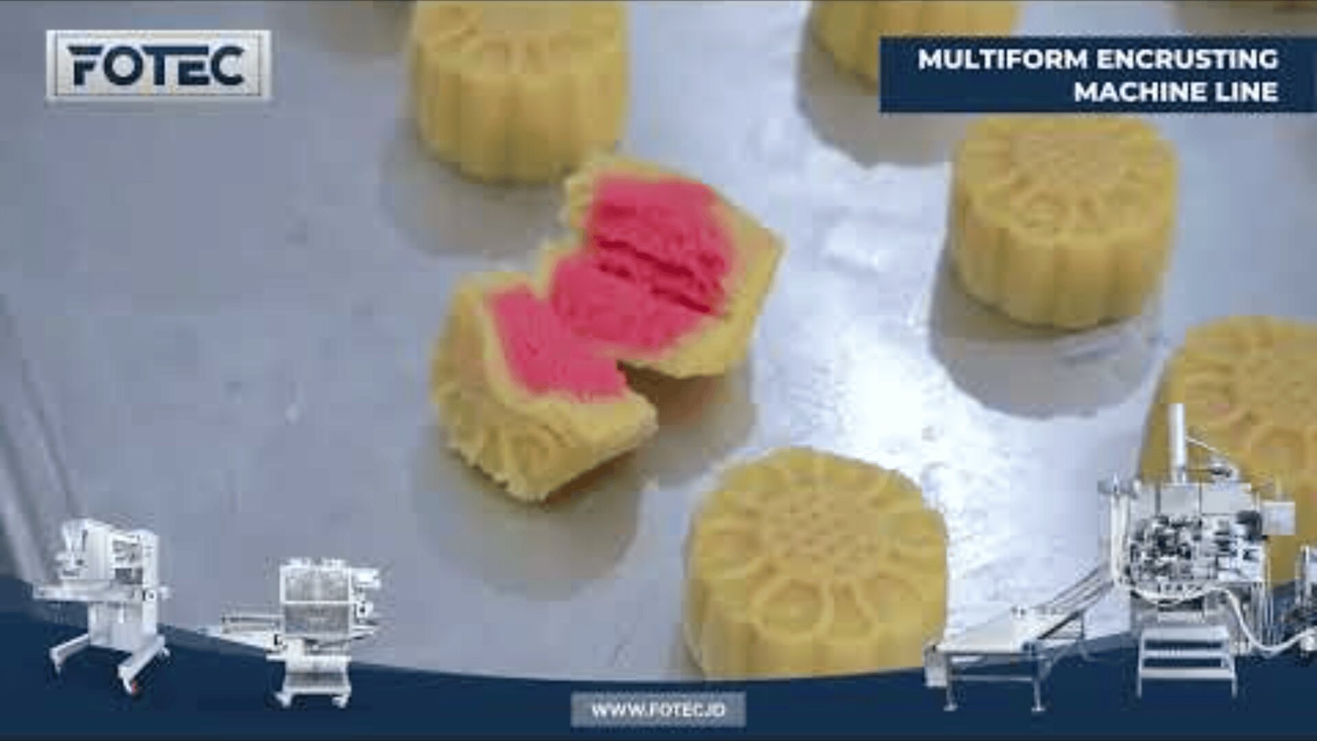 Several yellow pastries with intricate patterns and bright pink fillings are displayed on a tray. The image features Fotec branding and pictures of industrial encrusting machines at the bottom.