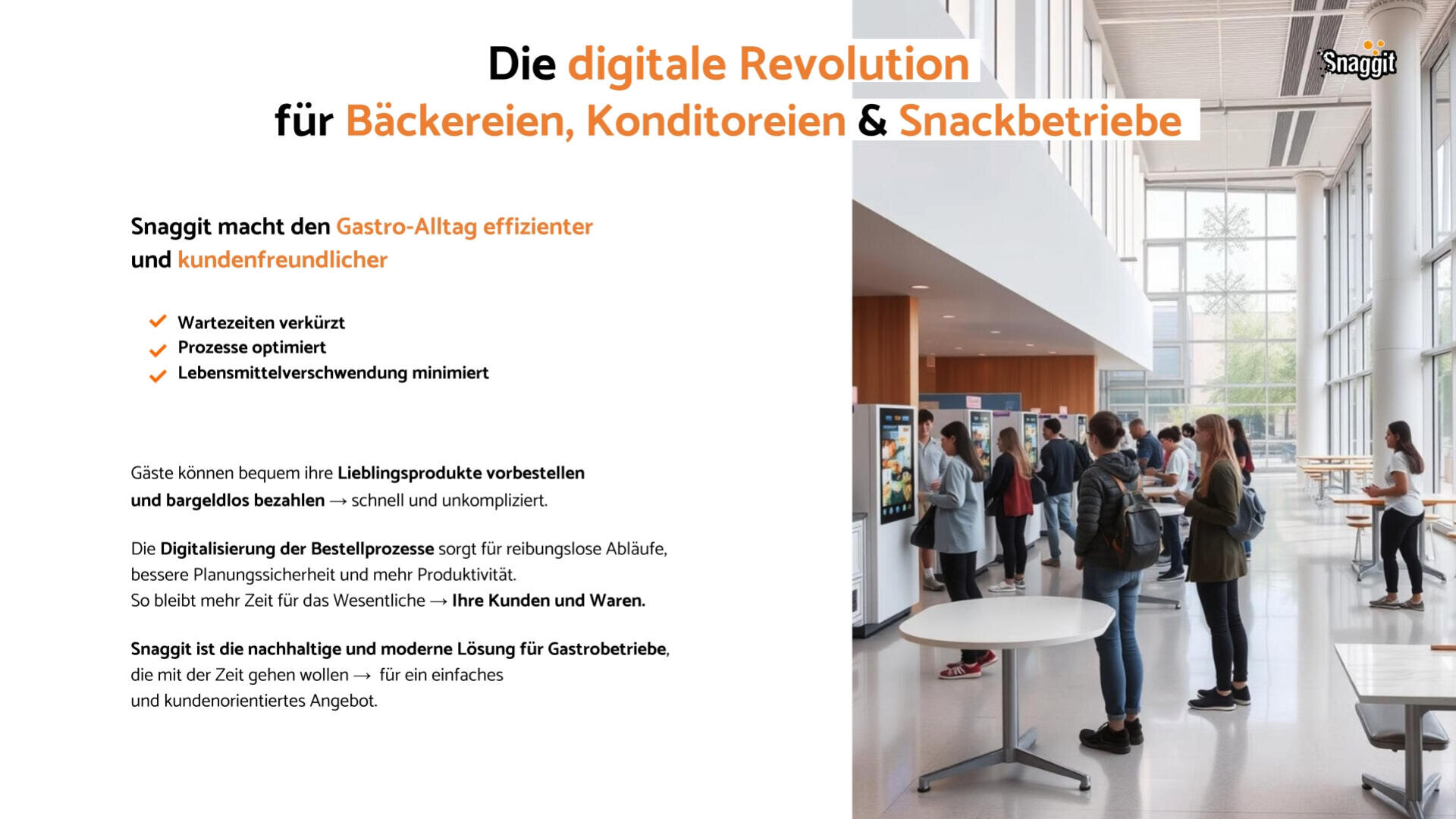 Ein helles Café oder eine Bäckerei mit mehreren Personen, die an Tischen stehen und sitzen, sich unterhalten und Essen bestellen. Texteinblendungen beschreiben die Vorteile digitaler Lösungen für Bäckereien, Konditoreien und Snackbars.