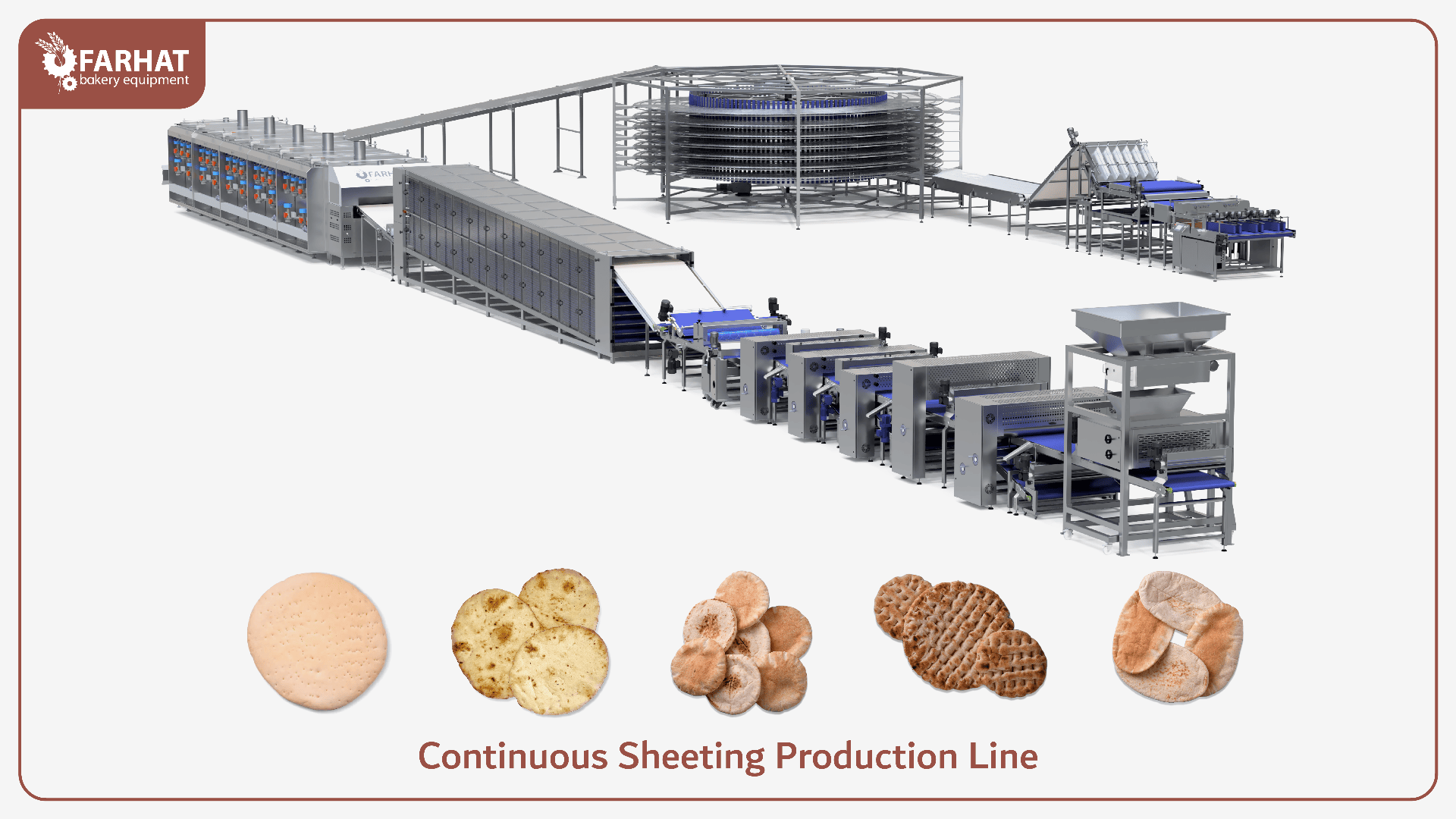 A large, industrial continuous sheeting production line for bakery items, featuring conveyors, trays, and forming machinery, with images of various cookies and biscuits displayed below.