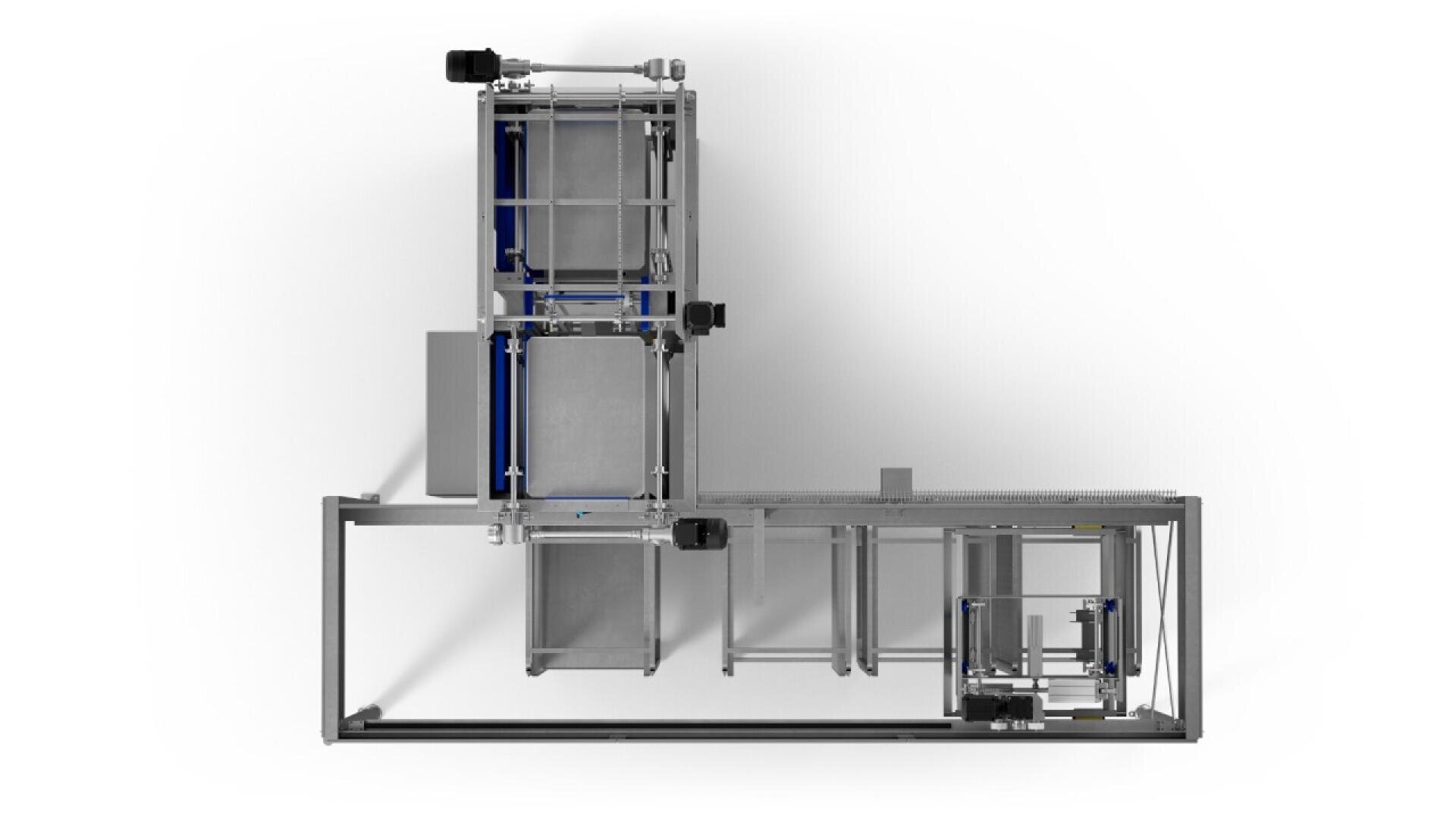 Top-down view of an industrial machine with metal frames, blue accents, motors, and compartments, likely used for automated processing or packaging. The equipment is isolated on a white background.