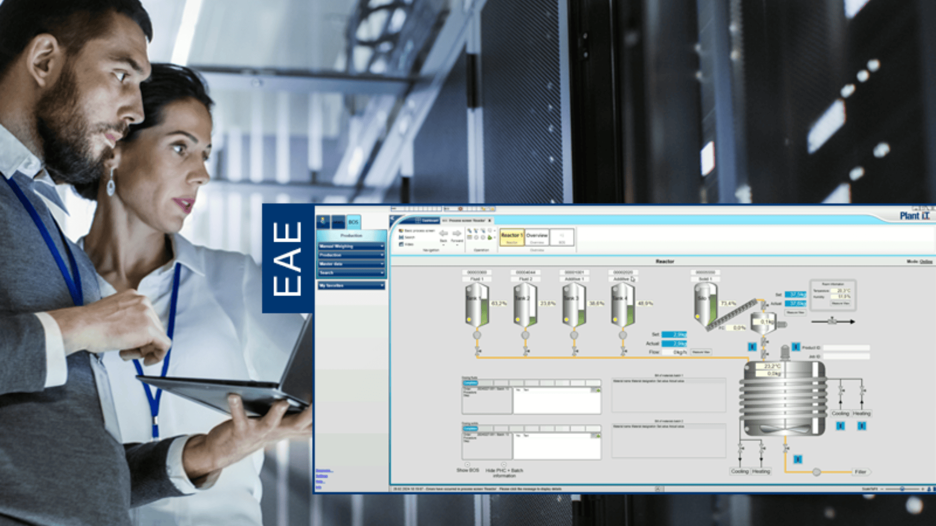 Two professionals stand in a server room, looking at a laptop. Overlaid on the right is a screenshot of industrial automation software showing diagrams and controls for managing equipment and processes.