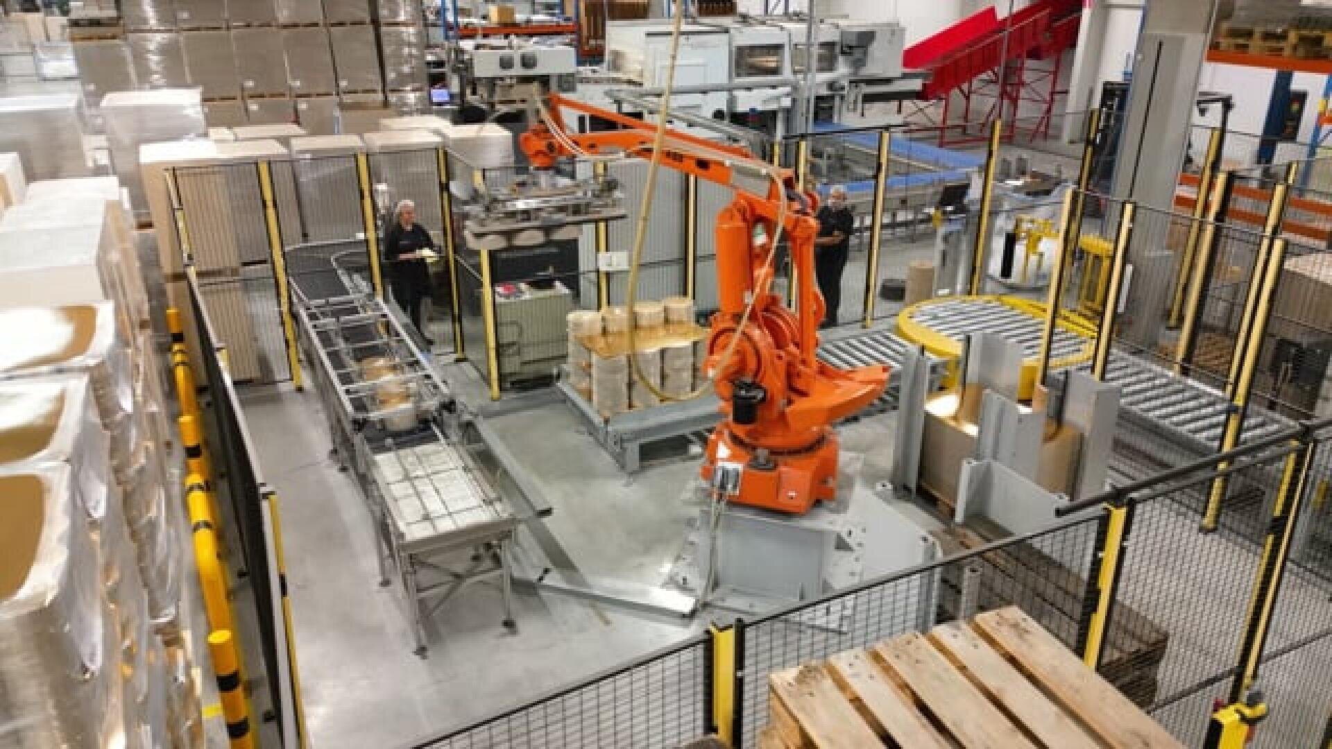 An orange industrial robot arm stacks boxes on pallets in a factory setting, surrounded by safety barriers and workers monitoring the automated process. Pallets, conveyor belts, and packaging materials are visible throughout the area.