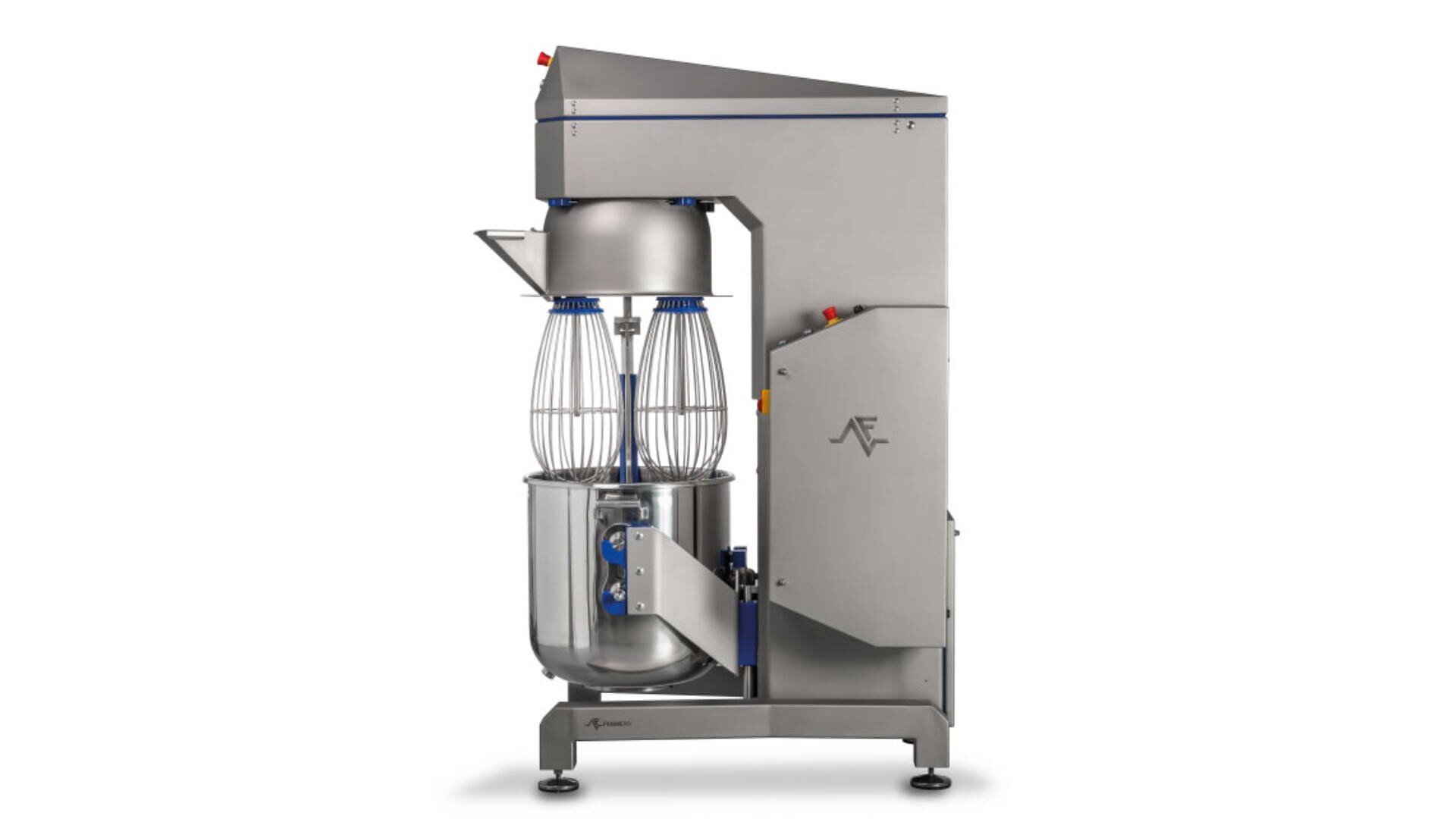 A large industrial stand mixer with a stainless steel bowl, two large wire whisks, and a metallic, angular frame. The machine has control buttons and is designed for commercial food preparation.