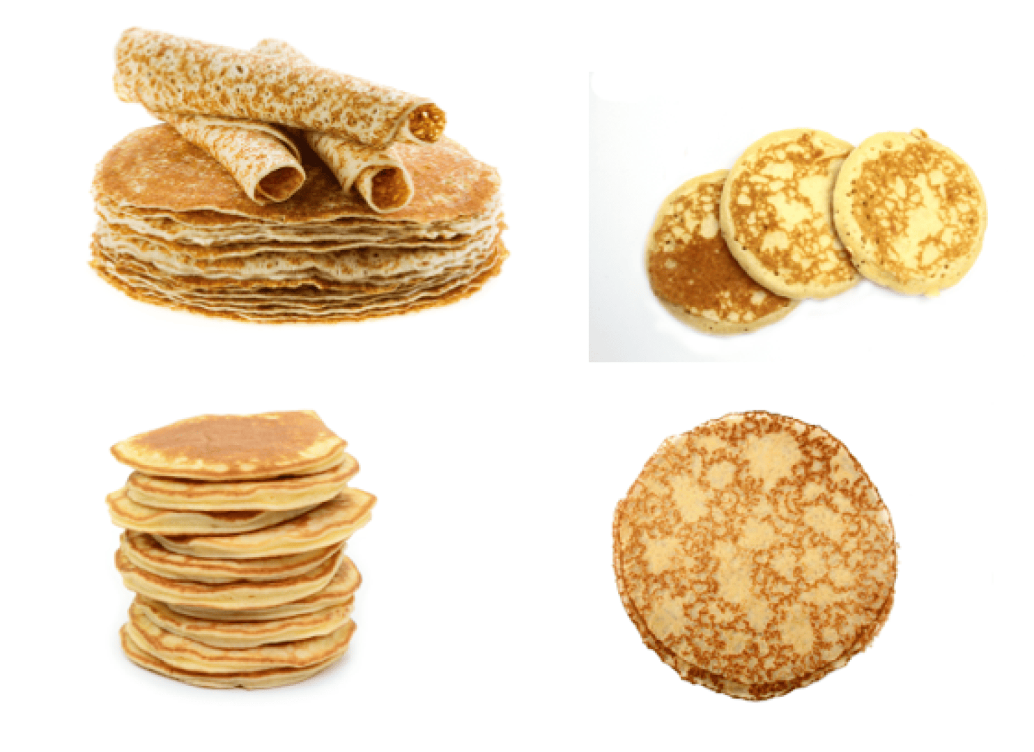 A collage of pancakes: rolled and stacked thin pancakes, three small round pancakes, a tall stack of thick pancakes, and a single round thin pancake, all on a white background.
