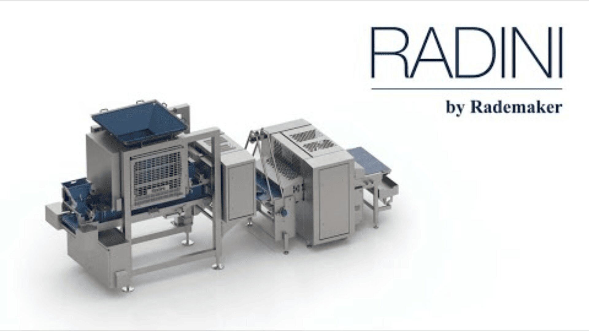 Industrial food processing machine with stainless steel components and conveyor belts with the inscription RADINI by Rademaker on a white background.