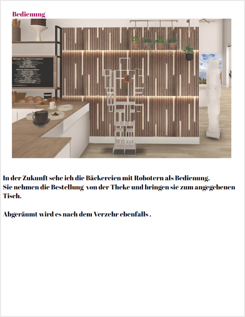 A modern bakery interior with a wooden slat wall, shelves holding bread, and a robotic arm at a counter. German text below describes a future bakery with robots serving and clearing tables.