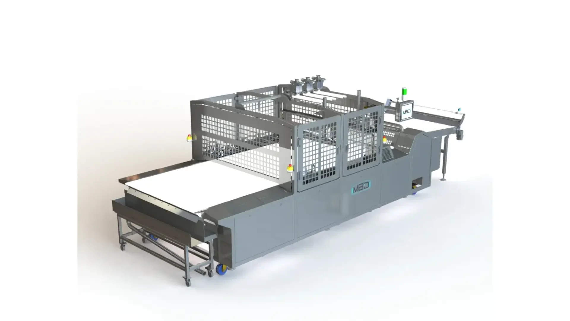 Large industrial food processing machine with metal frames and safety mesh panels, a conveyor belt extending from the front, and a control panel on the right side, set against a plain white background.