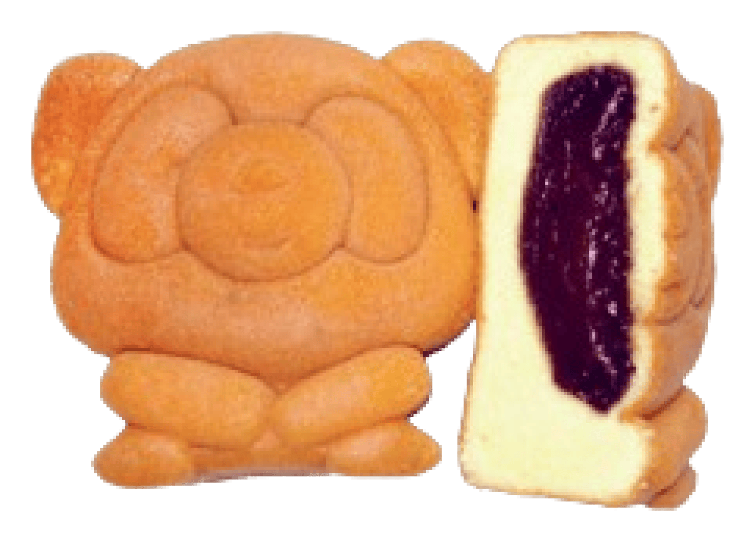A bear-shaped pastry is shown next to a sliced half revealing a dark fruit filling inside. The pastry has a cute face and rounded features.