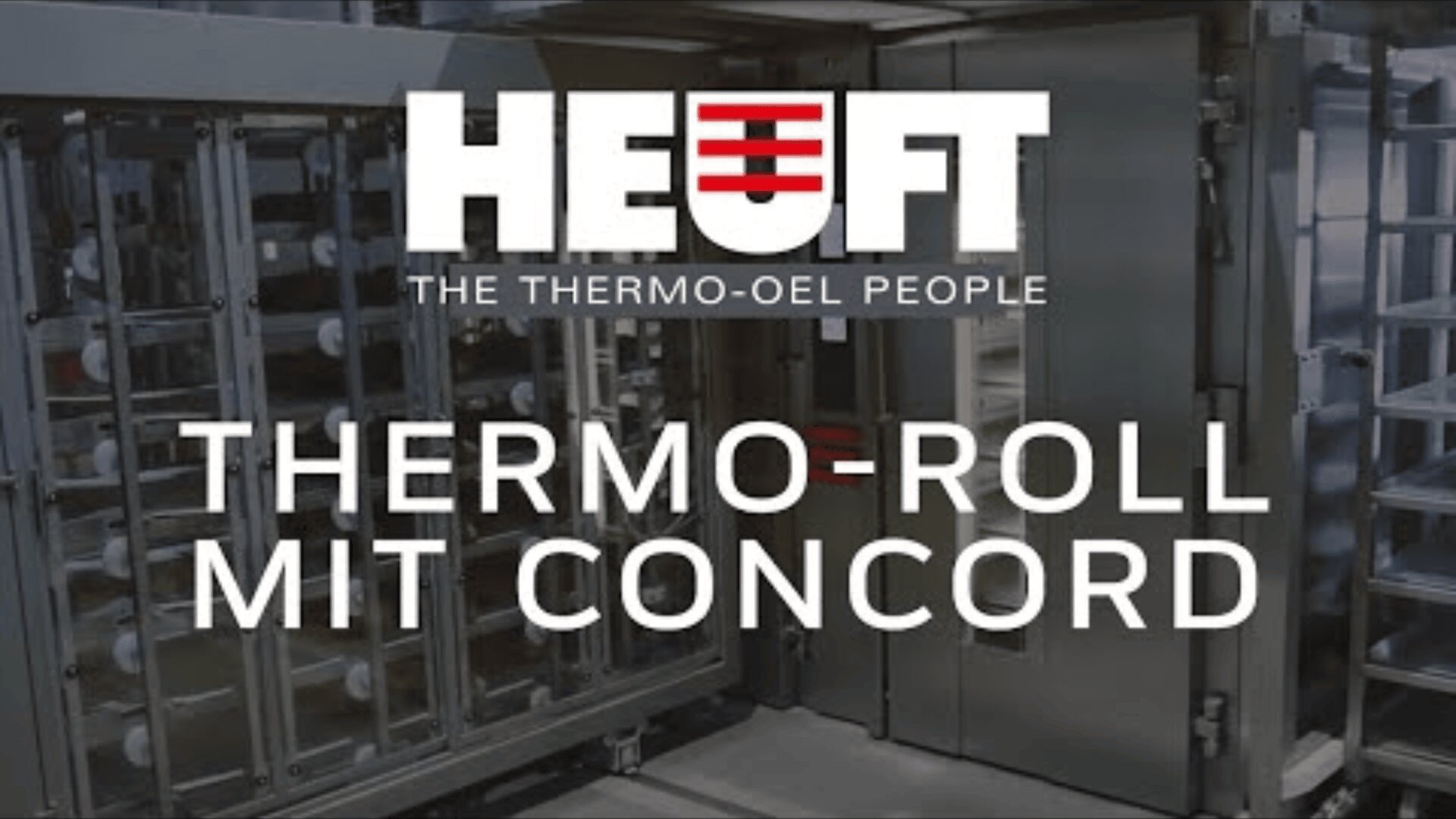 A commercial kitchen setting with industrial baking ovens and racks, overlaid with the HEUFT logo and the text: THE THERMO-OEL PEOPLE THERMO-ROLL MIT CONCORD.