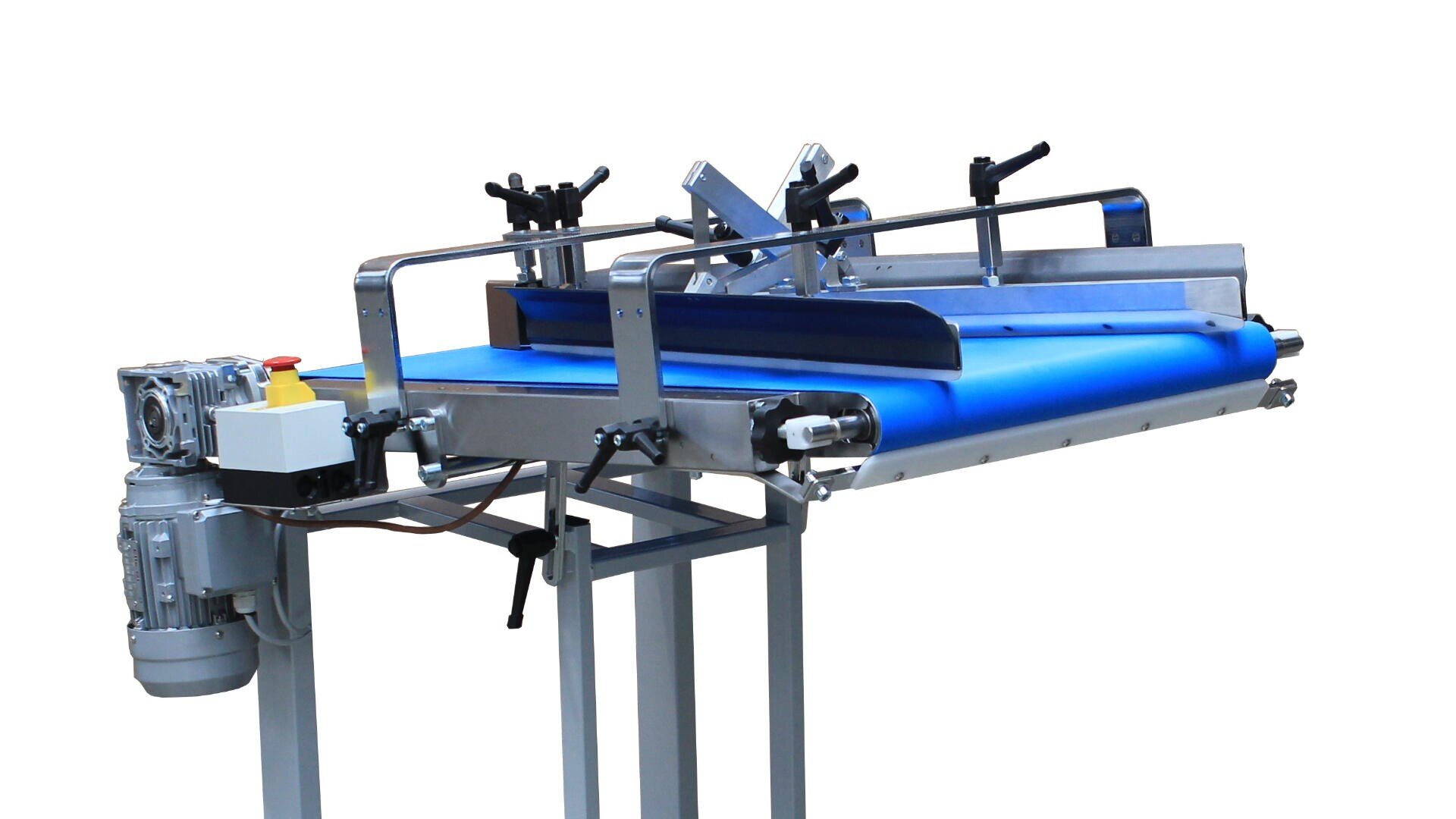 A stainless steel industrial conveyor with a blue belt, control buttons, and adjustment handles, designed for automated material or product transport, isolated on a white background.