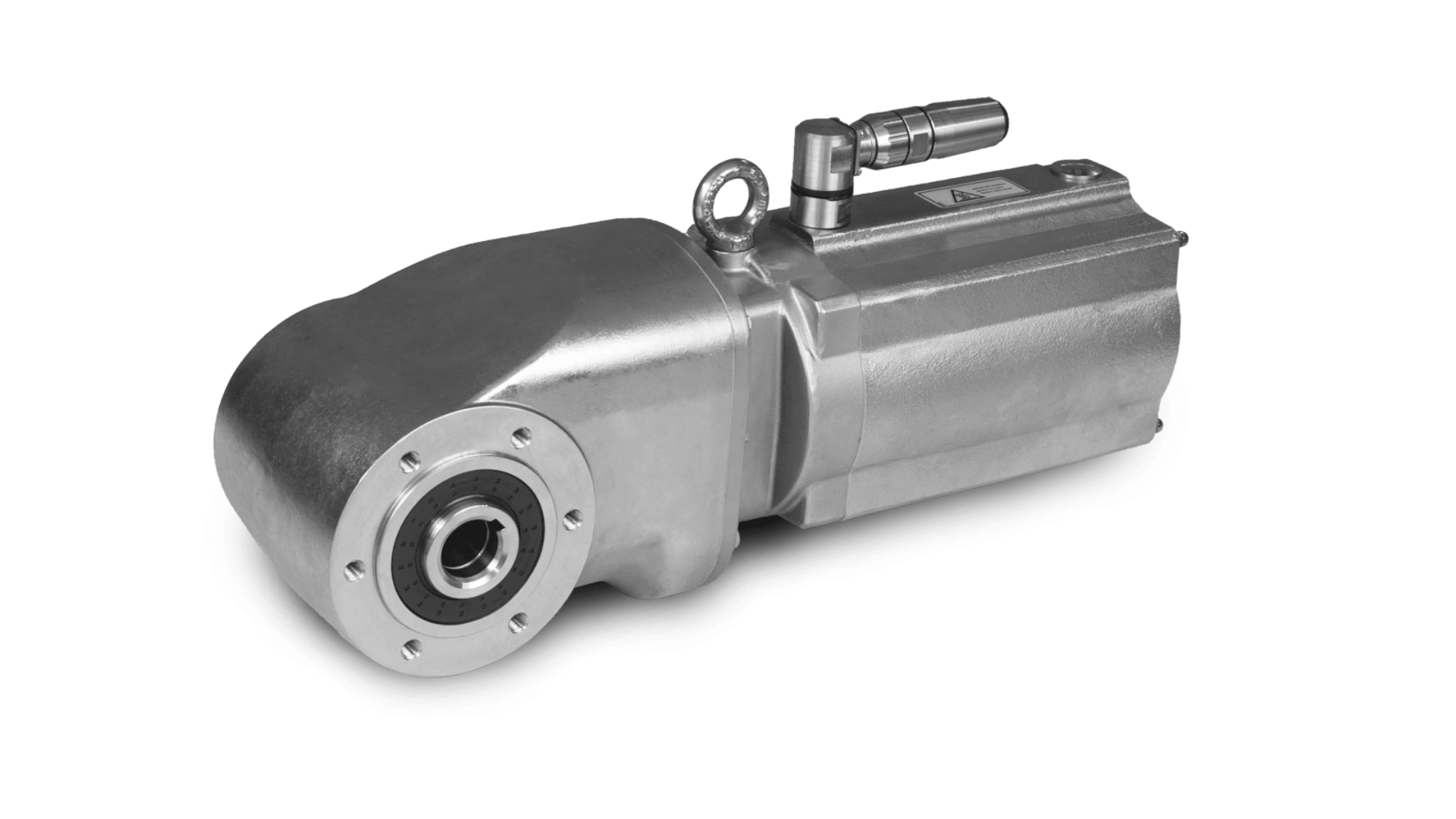 Ein metallischer Industriegetriebemotor mit zylindrischem Gehäuse, rundem Montageflansch und einem elektrischen Anschluss an der Oberseite, dargestellt vor einem weißen Hintergrund.