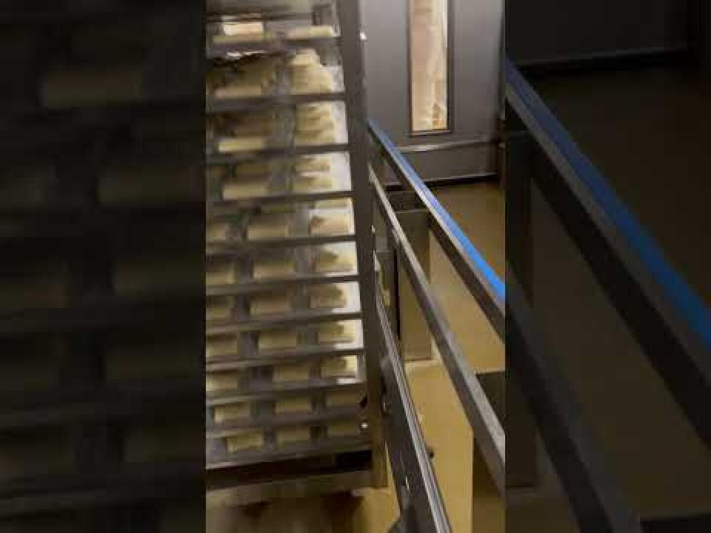 In einer Großküche steht ein Metallgestell voller Tabletts mit rechteckigen Teigstücken. Im Hintergrund sind ein Handlauf und Industrieanlagen zu sehen.