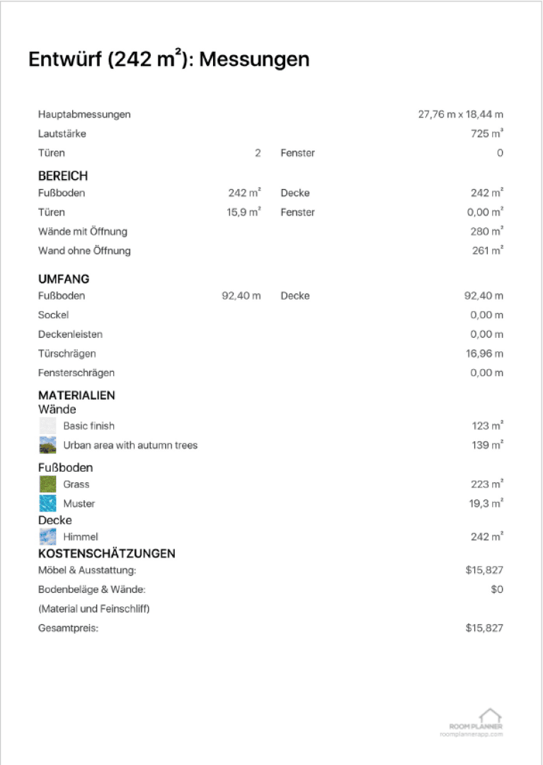 A German architectural measurement draft shows area details, materials, and cost estimates for a 242 m² space. Lists main dimensions, room areas, flooring, wall types, ceiling details, and estimated costs in US dollars.
