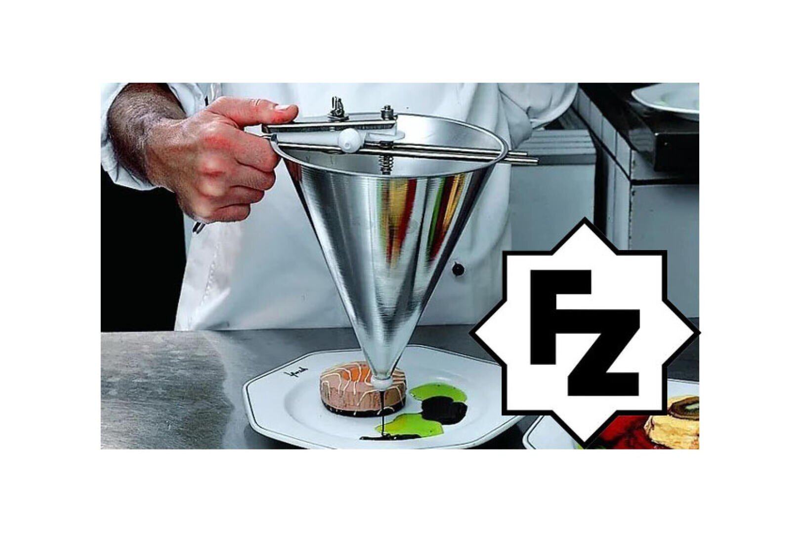 A chef uses a metal funnel dispenser to pour sauce onto a plated dish in a professional kitchen. A bold, stylized FZ logo is visible in the foreground.