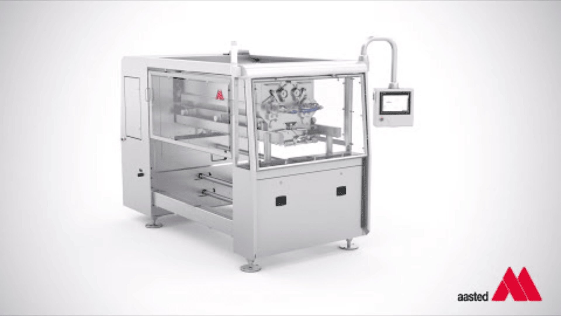 A stainless steel industrial food processing machine with a transparent front panel, touchscreen control, and the Aasted logo in the lower right corner on a white background.