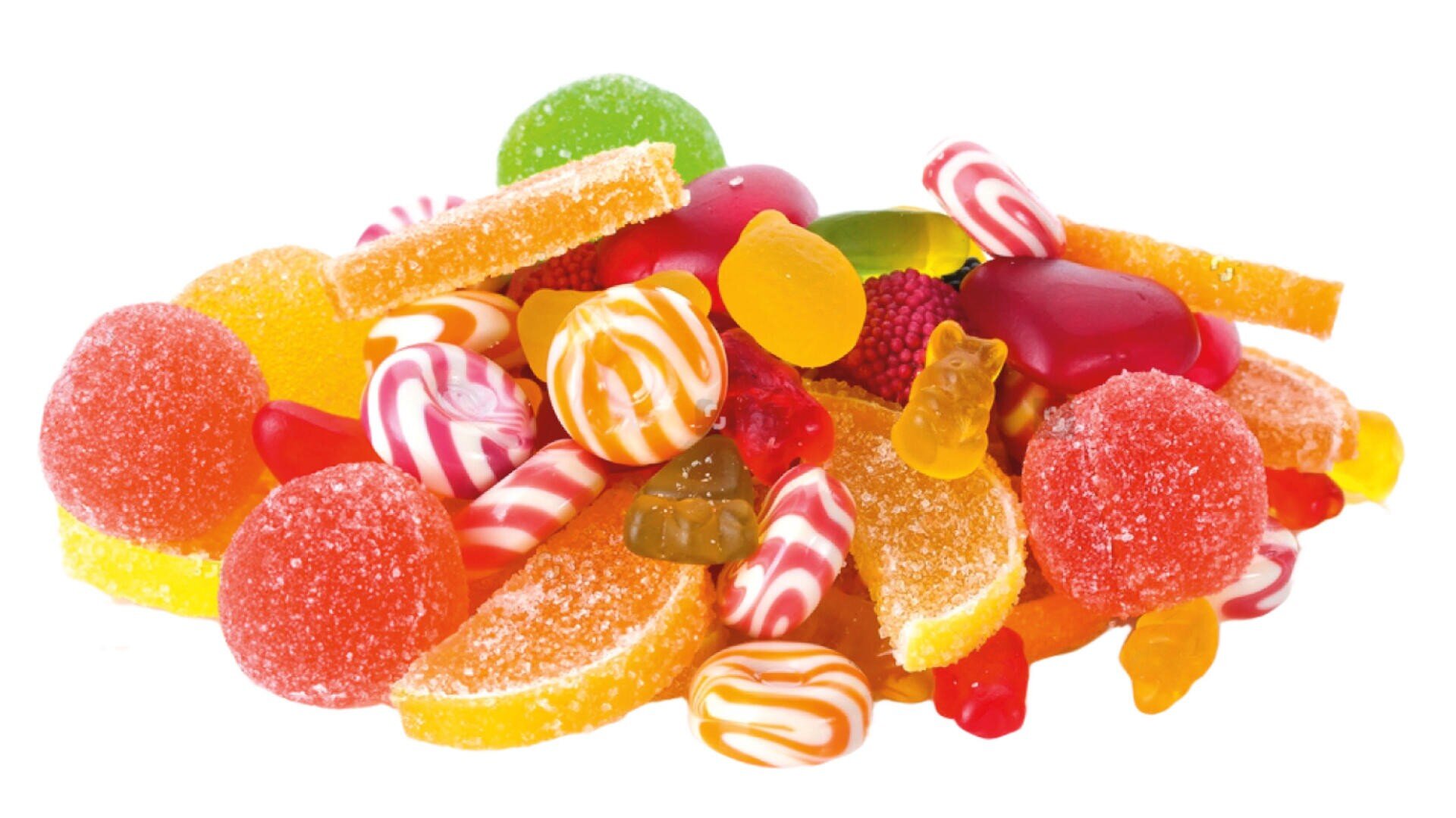 A colorful assortment of gummy candies, fruit jellies, and candy sticks piled together on a white background.